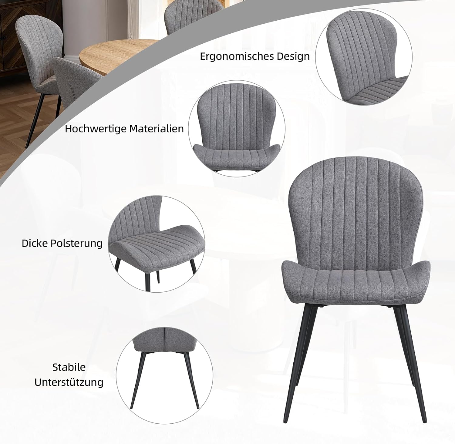 Chaises de salle à manger - lot de 2 - 60x58x83 cm - ergonomiques, accoudoirs, pieds métal, rembourrées, gris foncé