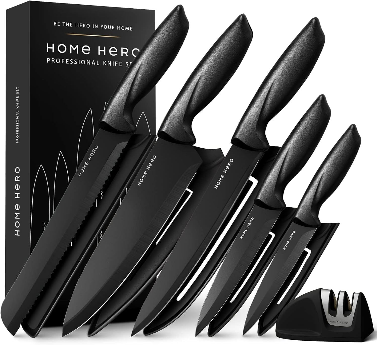 Home Hero - Set couteaux cuisine pro inox, 11 pcs, aiguiseur inclus