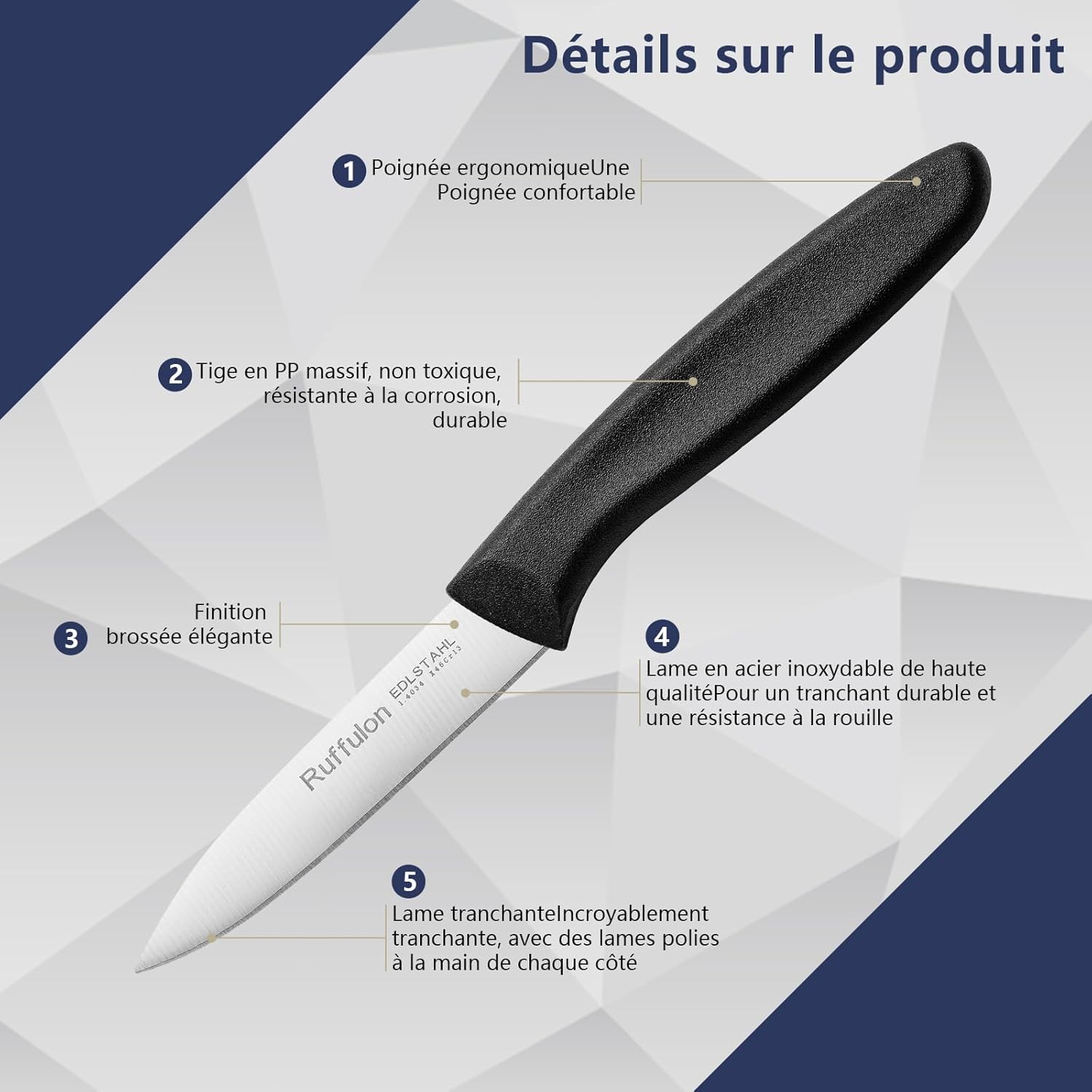 Ensemble de couteaux à légumes - 6 pièces inox - manche ergonomique, lavable, lame tranchante