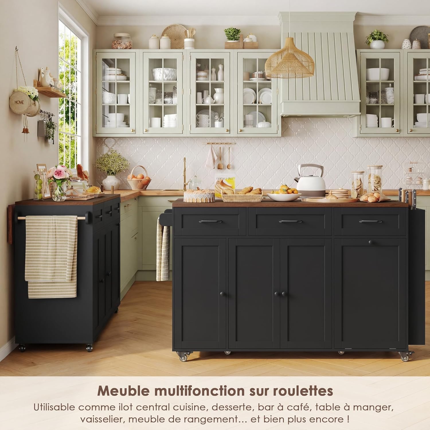 FirFurd - Ilot cuisine pliable sur roulettes, 135x60x88cm, USB et rangement