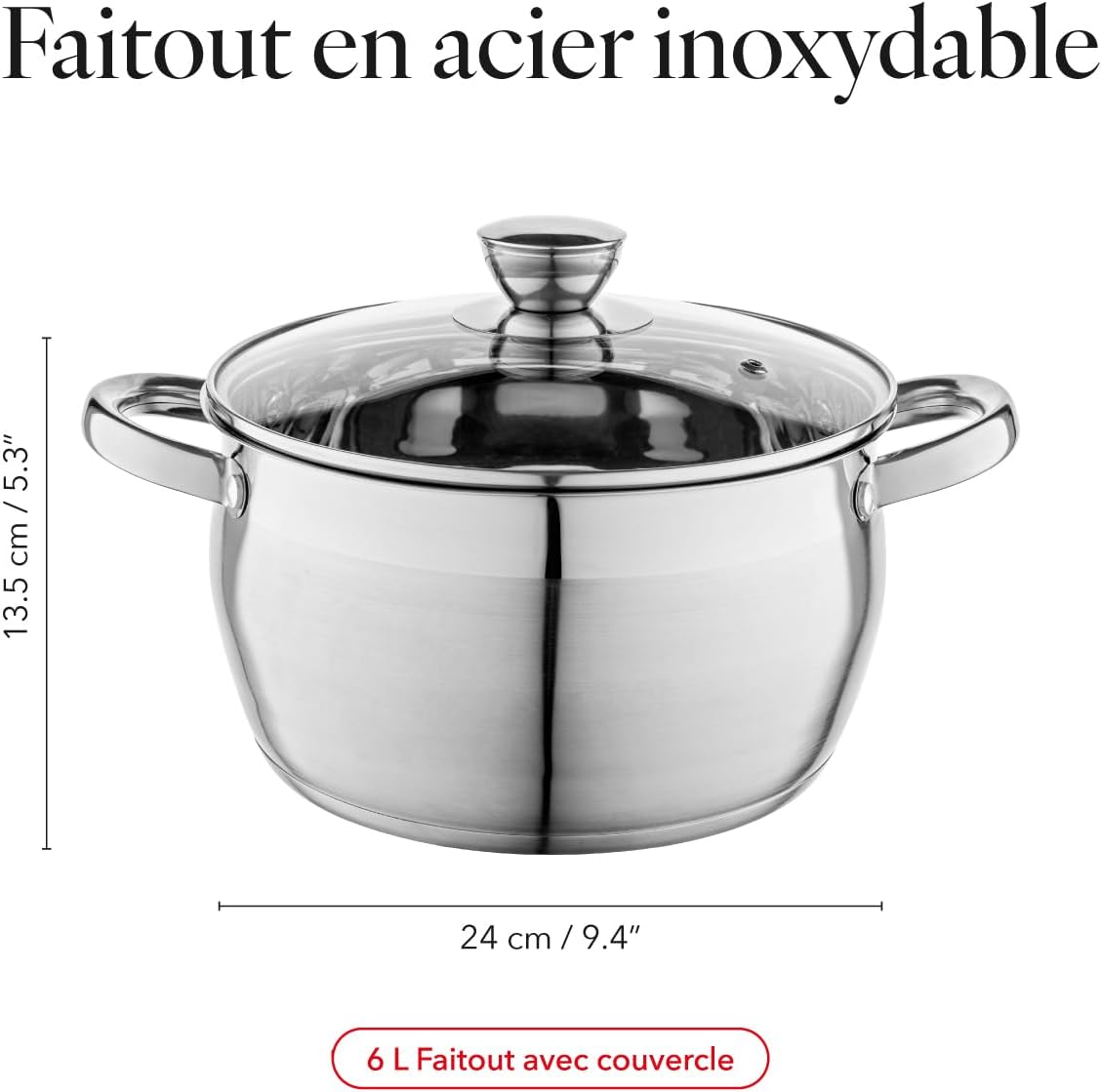 FLORINA - Faitout Oliver 24 cm, inox 6L, couvercle verre, induction