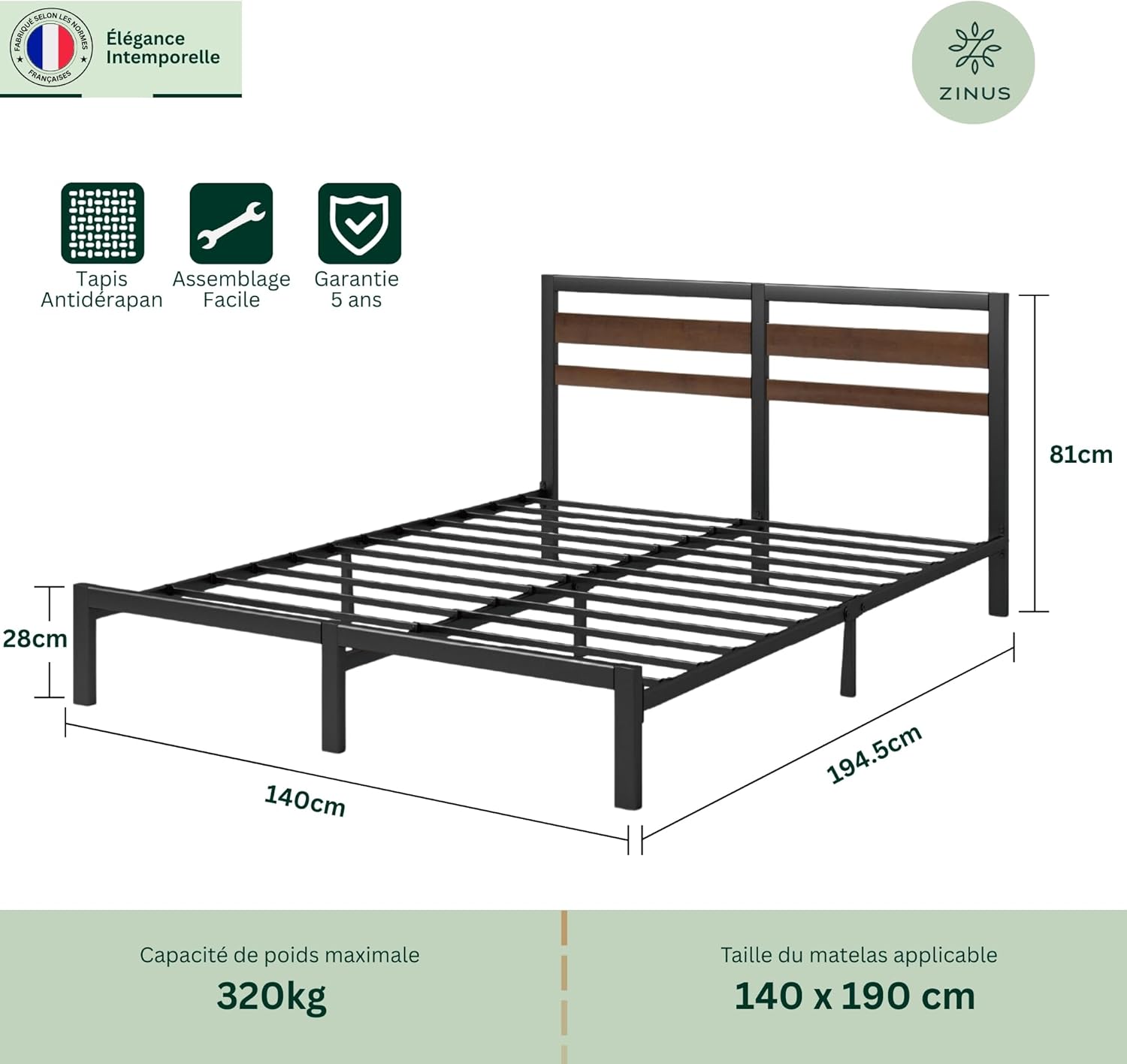 Zinus - Kai - 140x190 cm - sommier métal et bambou, tête de lit, rangement