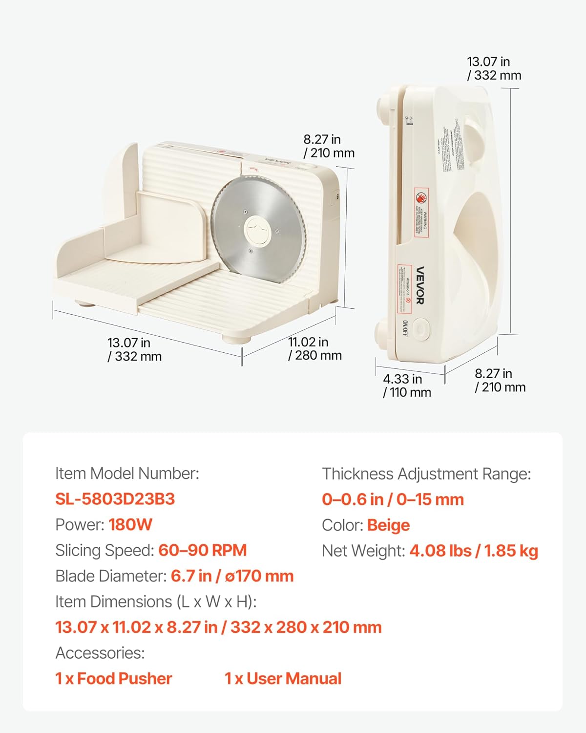 VEVOR – Trancheuse électrique 180W – lame 170mm, épaisseur réglable, coupe 60-90tr/min