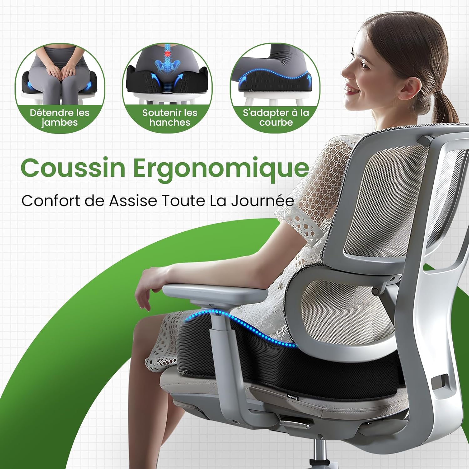 A-Pce - coussin ergonomique mémoire de forme - soulage coccyx - idéal bureau, maison, voiture