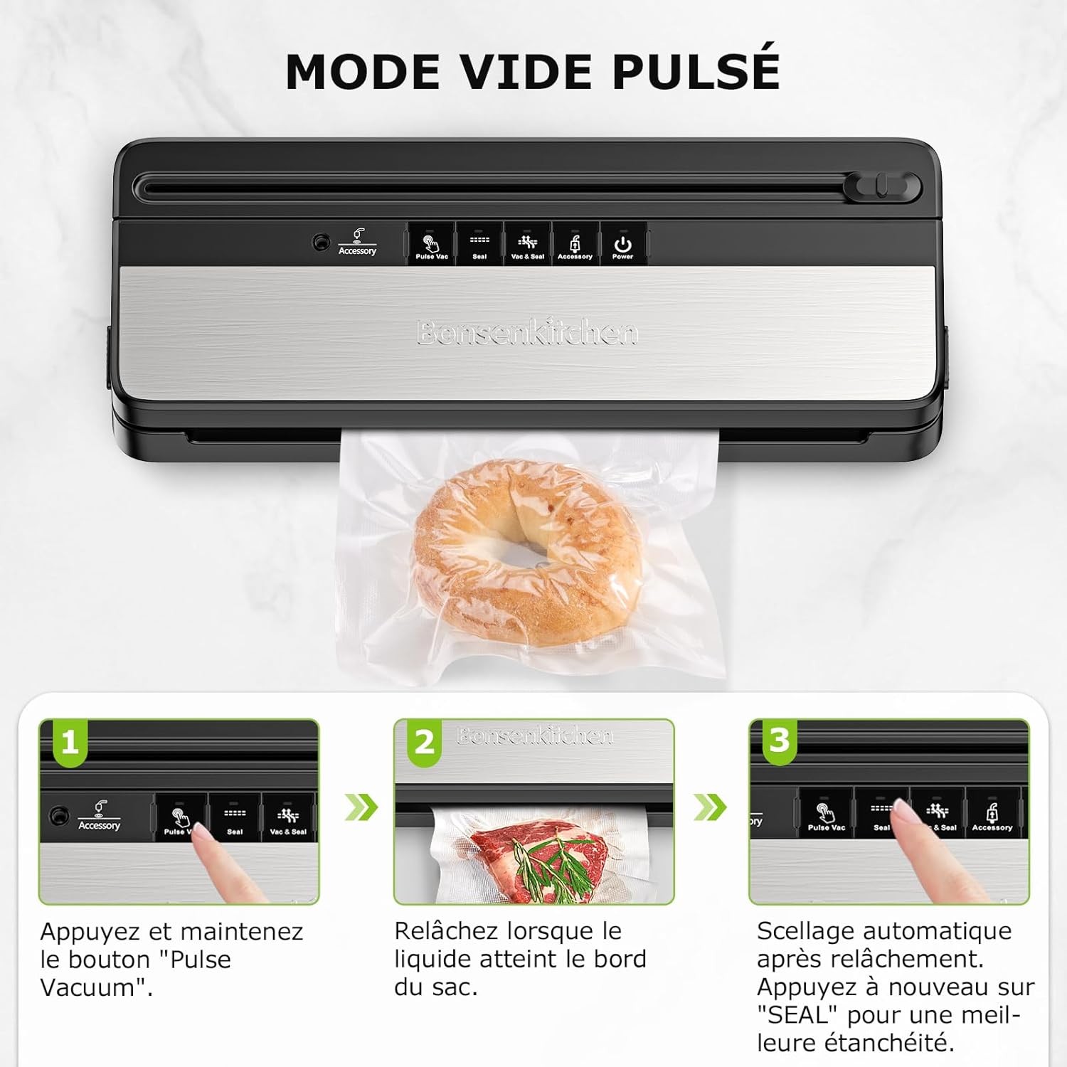 Bonsenkitchen - machine sous vide multifonction - compacte - coupe-aliments intégré, 50 sacs, rouleau, travail continu, 