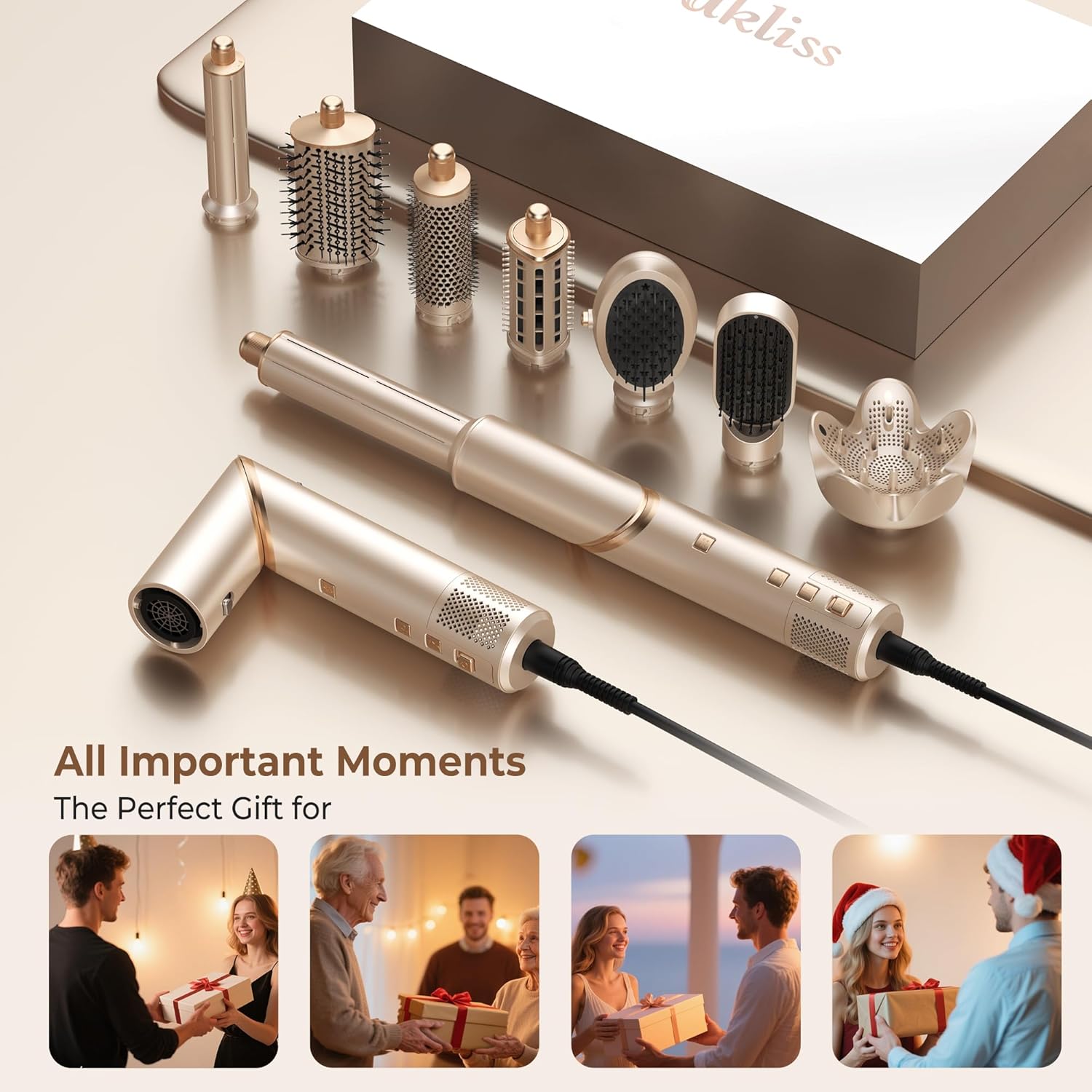 UKLISS - Pro 8 en 1 - Brosse soufflante, ionique, boucle 32mm, 110K RPM, compacte