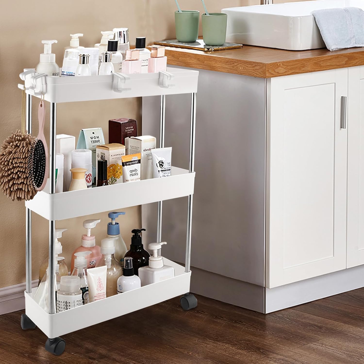 Chariot de rangement 3 niveaux blanc, étagère mobile à roulettes, multifonction