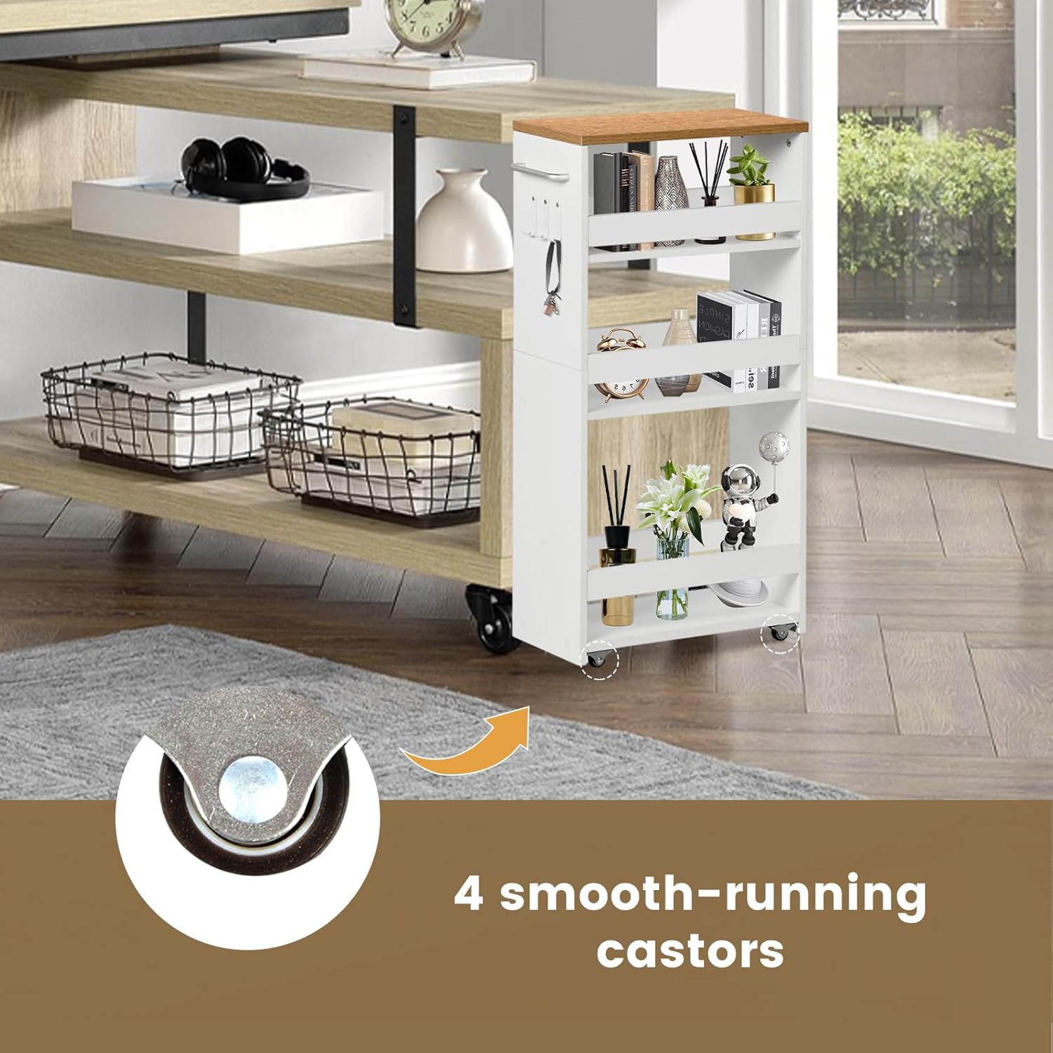 Chariot de rangement - étroit 20cm, 4 niveaux, roulettes, poignée, crochets