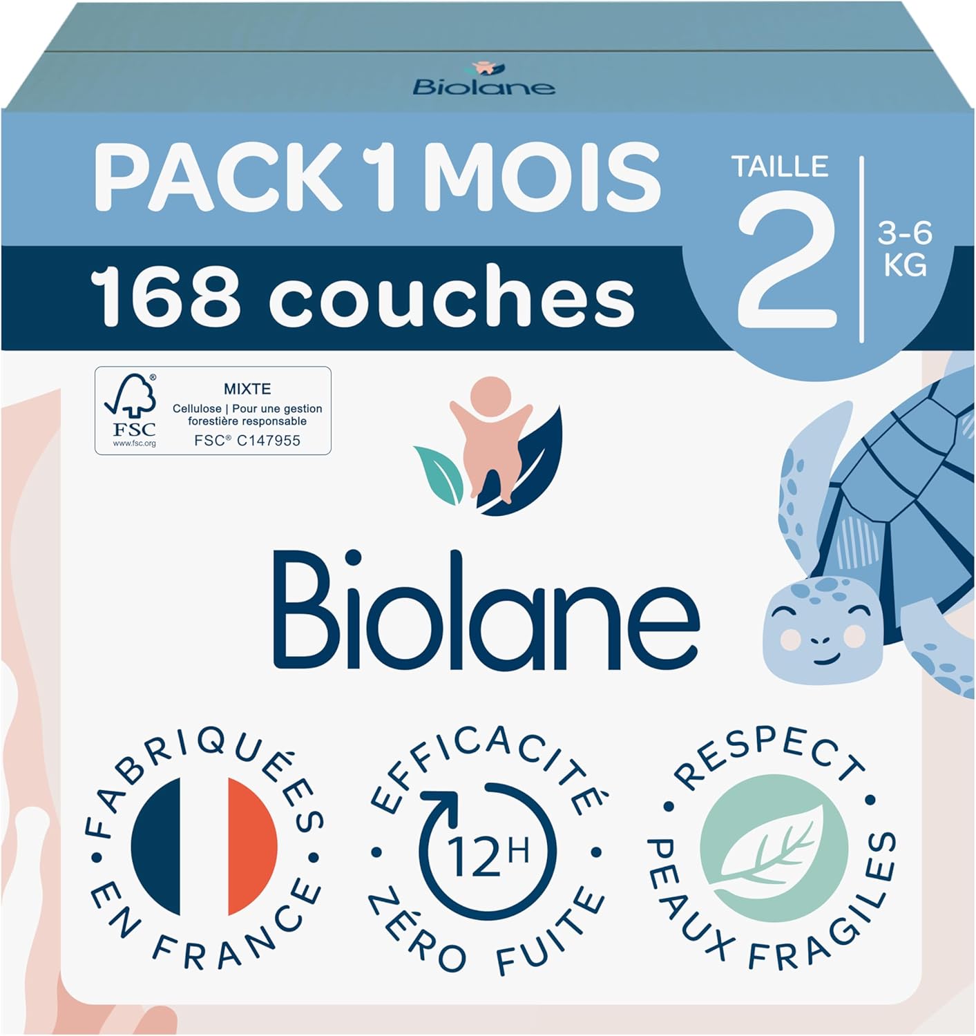 Biolane - couches bébé taille 2 (3-6 kg) - ultra absorbantes, jusqu’à 12h sec, pack 168, peaux sensibles, made in France