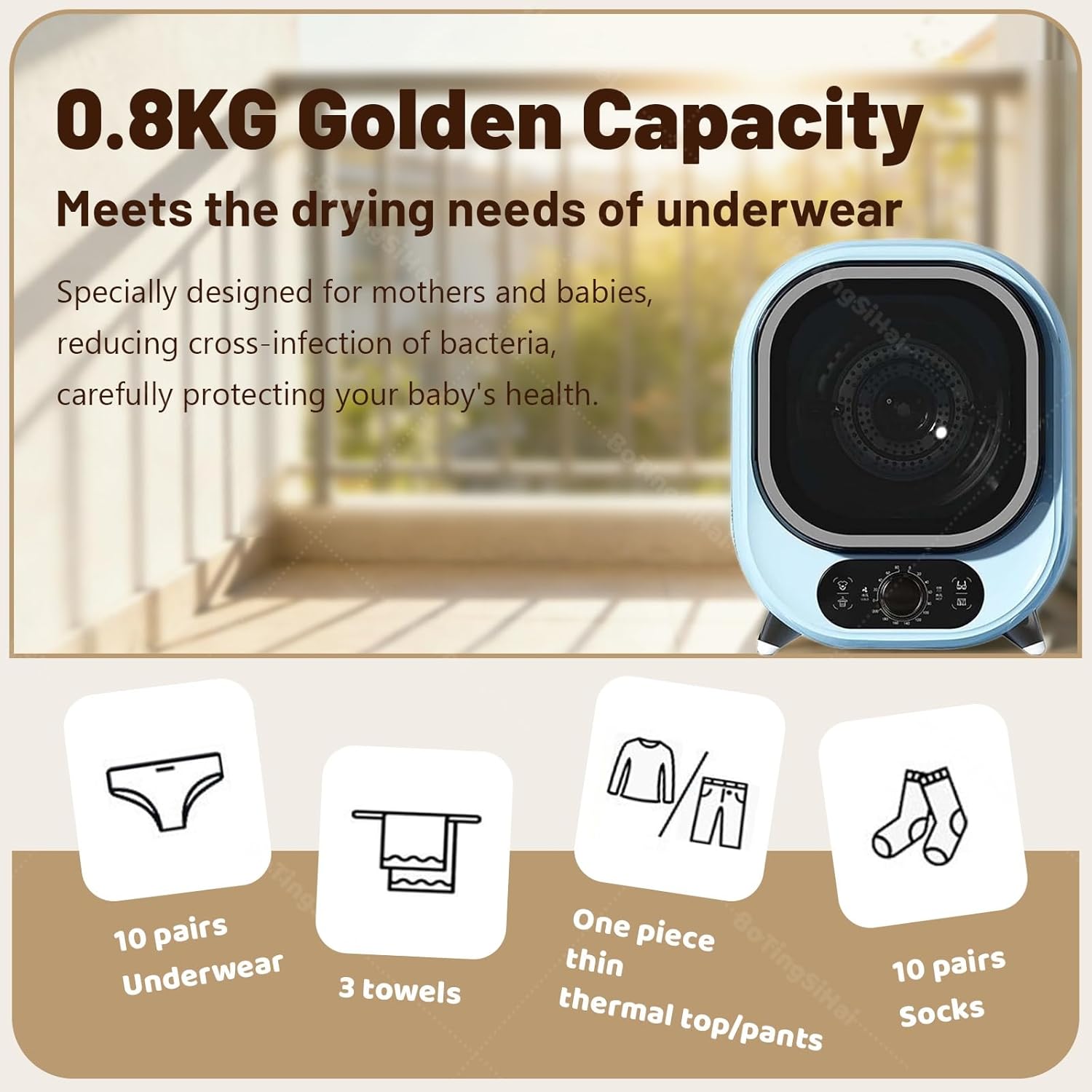 Mini sèche-linge électrique compact, cuve inox, portable, bleu