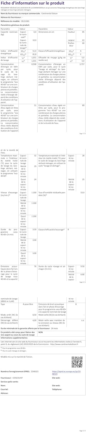 Continental Edison - lave-linge séchant - 60 cm - 10/6 kg, moteur induction, silver - CELS106S
