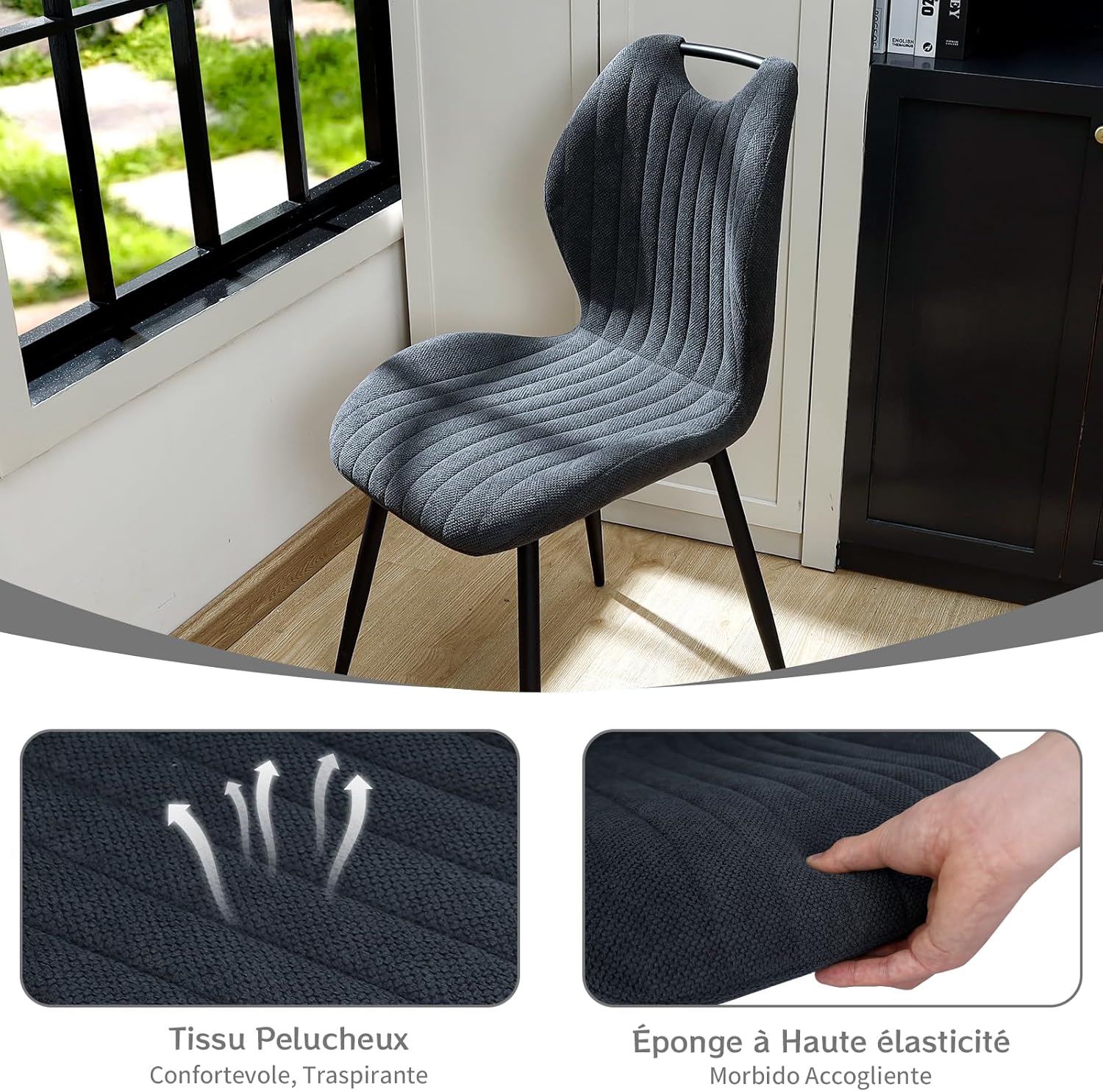 Chaises de salle à manger - lot de 2 - tissu gris foncé, pieds métal, dossier rembourré - dimensions compactes