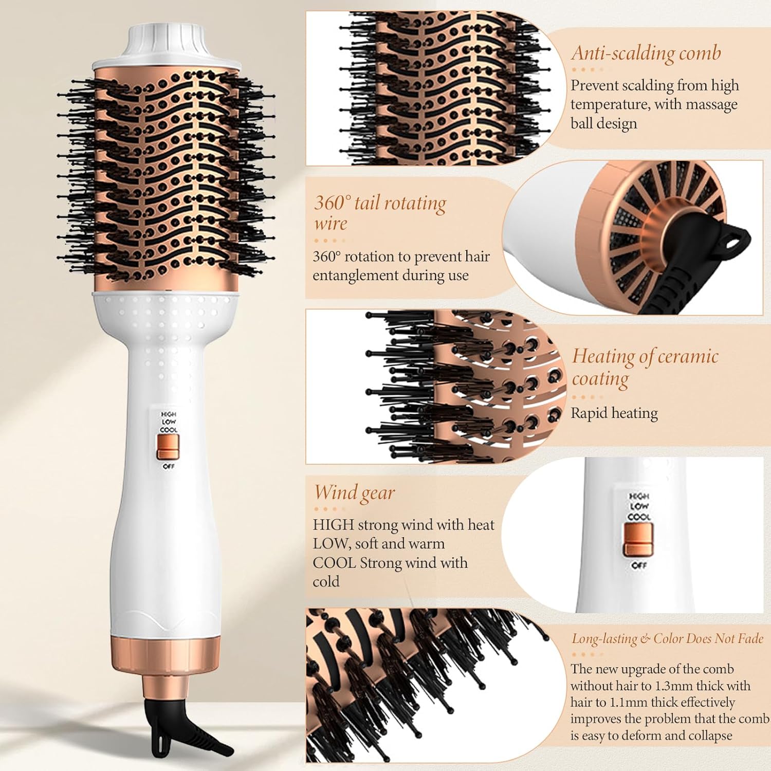 Brosse à boucler - 3 en 1, soin ionique, 3 températures, séchage volumisant