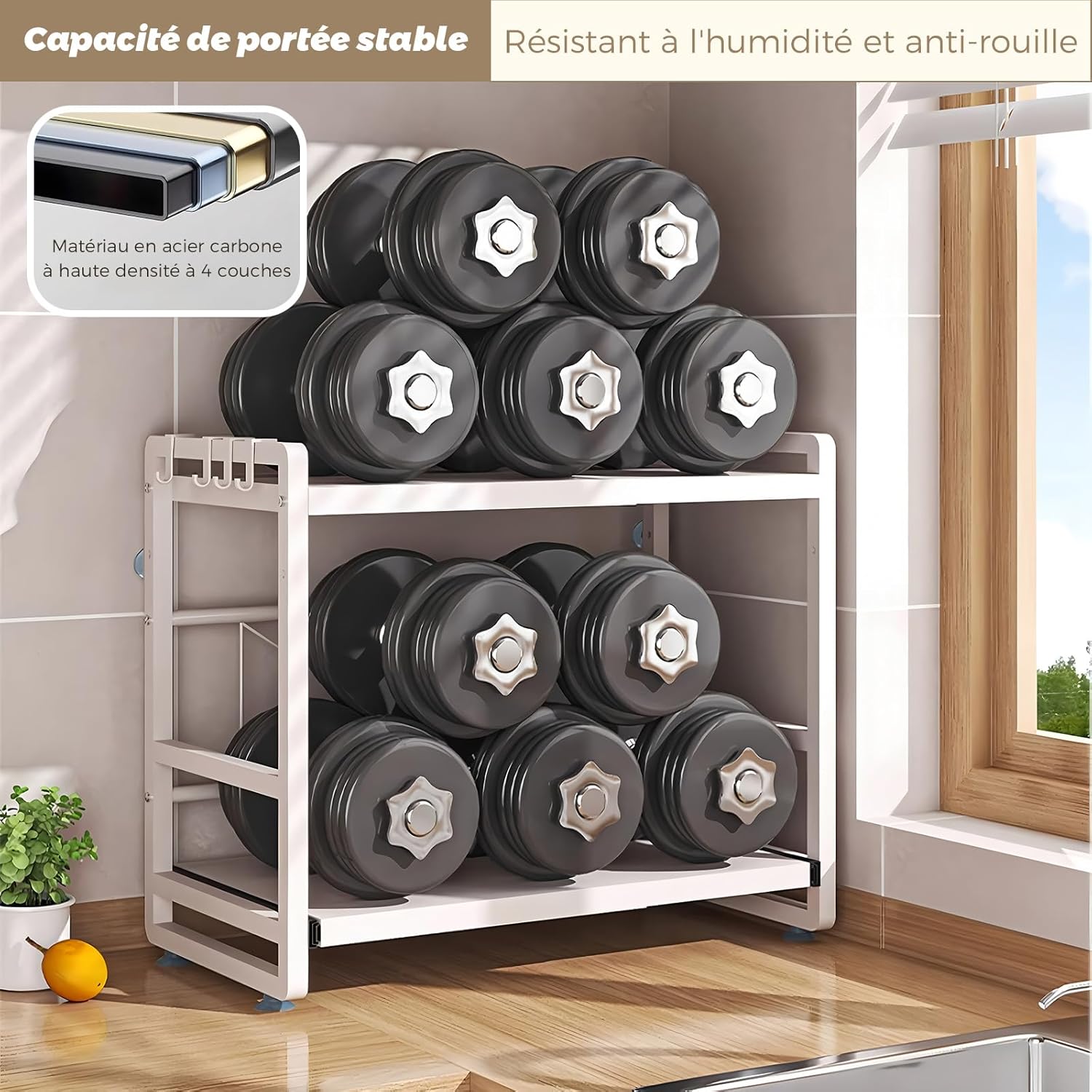 Étagère de cuisine 2 étages - réglable, extensible, tiroir - acier blanc