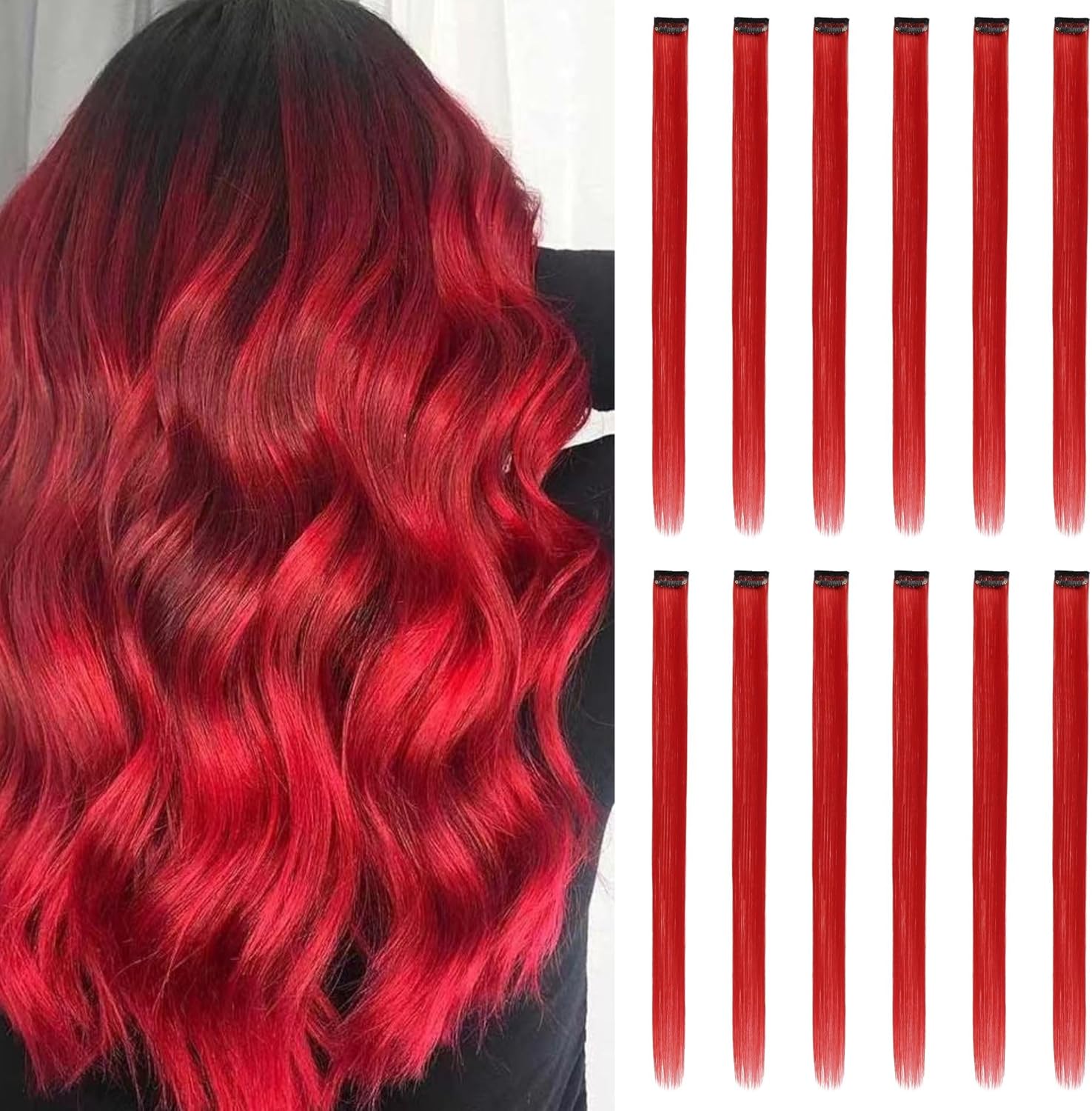 Extensions de cheveux - mèches colorées à clipser, 12pcs, rouge intense