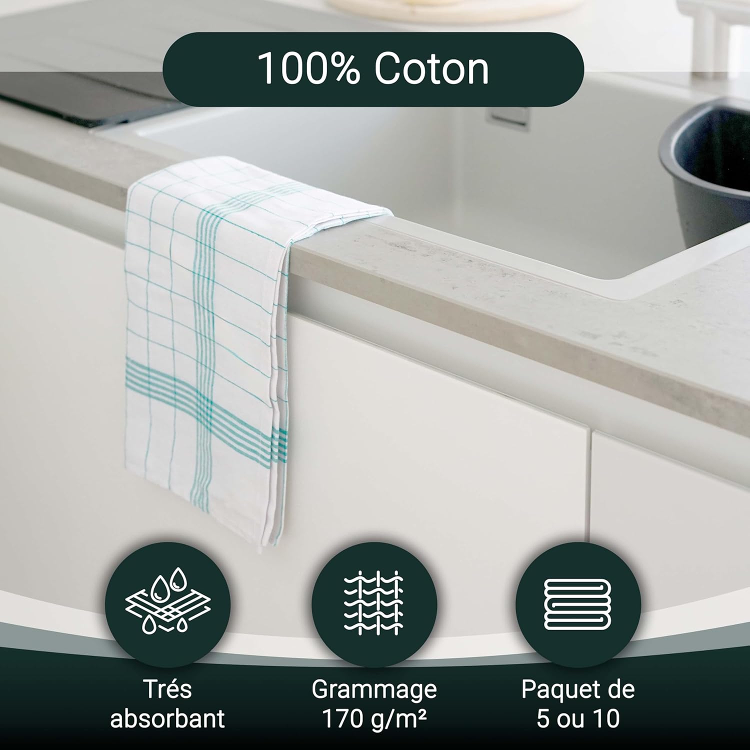 ZOLLNER - Set de 10 torchons, coton, 50x70 cm, turquoise à carreaux