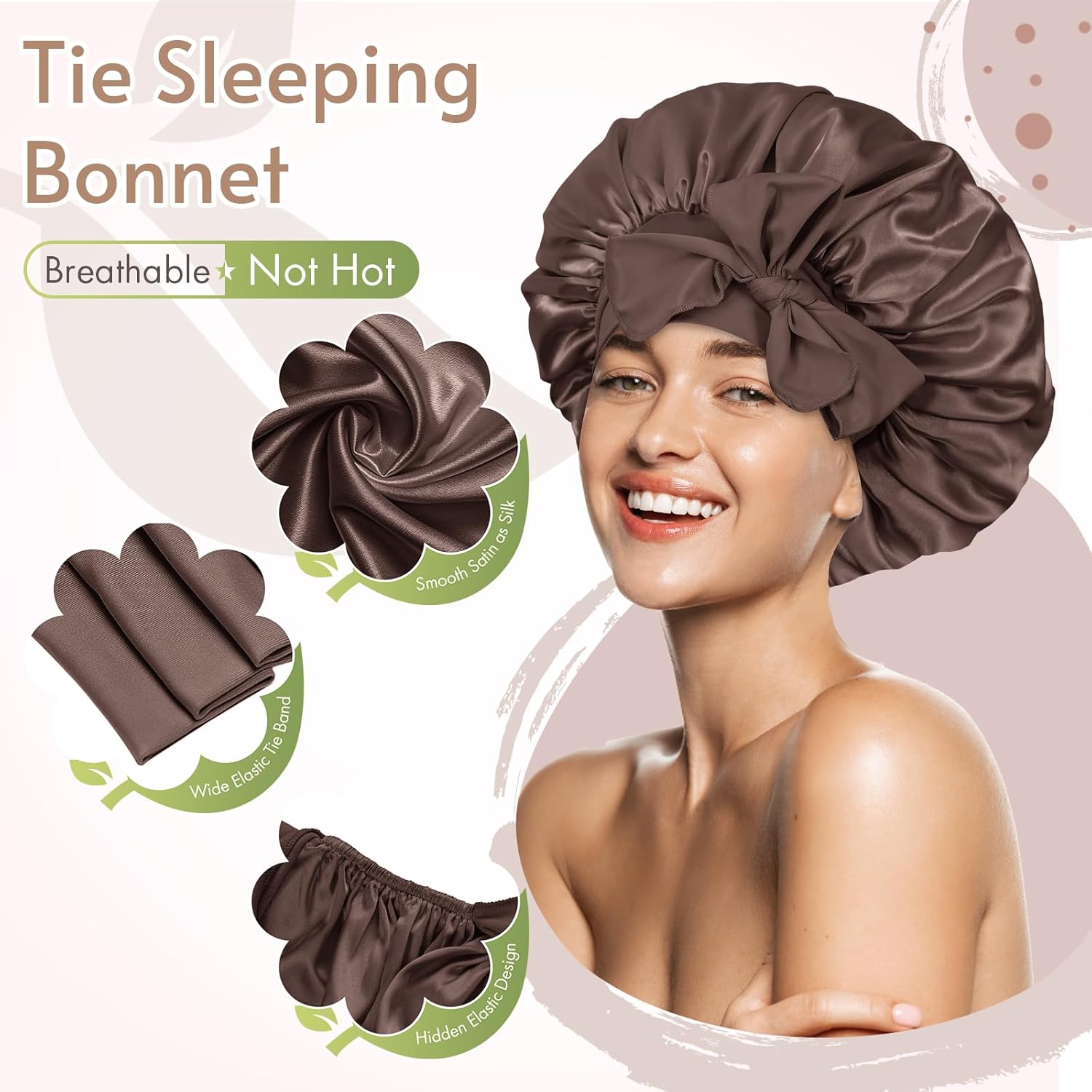 BONNET QUEEN - bonnet satin nuit ajustable, moyen, chocolat, long élastique