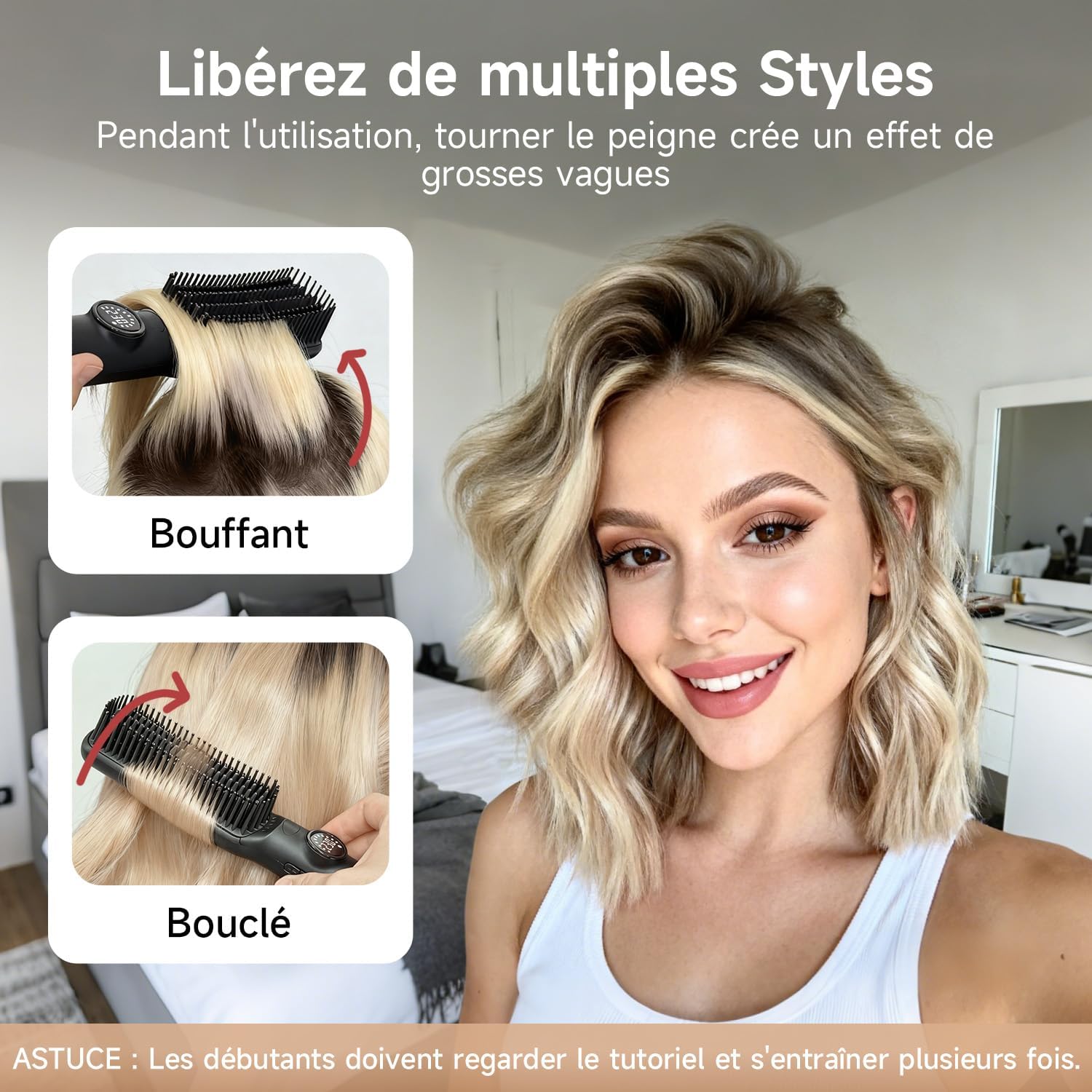 Brosse lissante cheveux - 7 températures, écran LCD, plaques anti-brûlure, double tension, prise UE, noir