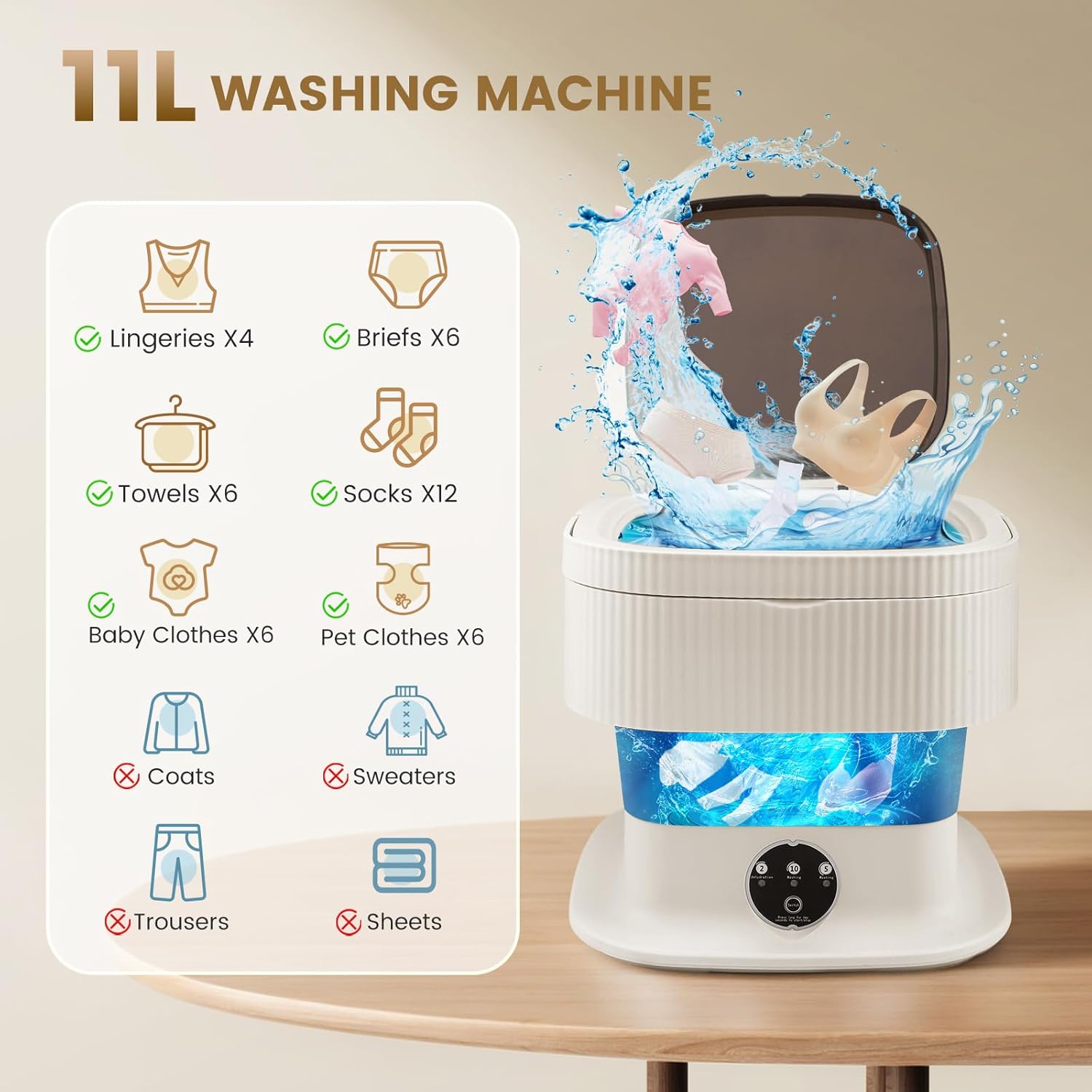 Mini machine à laver - 12L portable, panier séchage, compacte, kaki