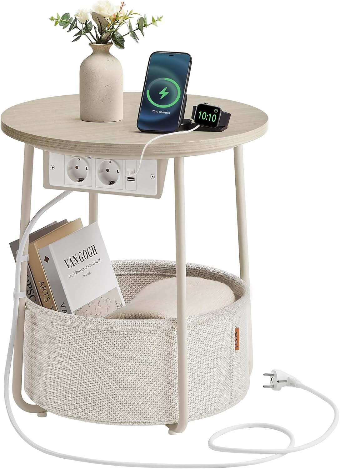 VASAGLE - Let228LL01 - table basse ronde, panier tissu, multiprise, design moderne, 50x45 cm