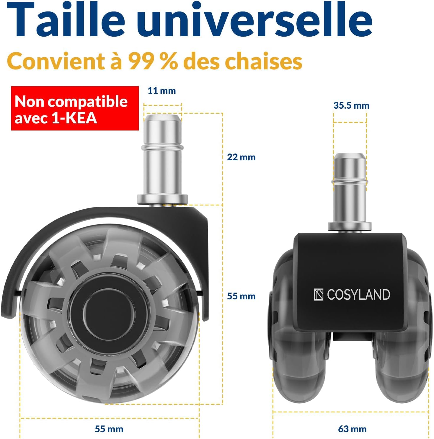 COSYLAND - roulettes bureau, 11x22mm, silencieuses, 300kg, 5pcs