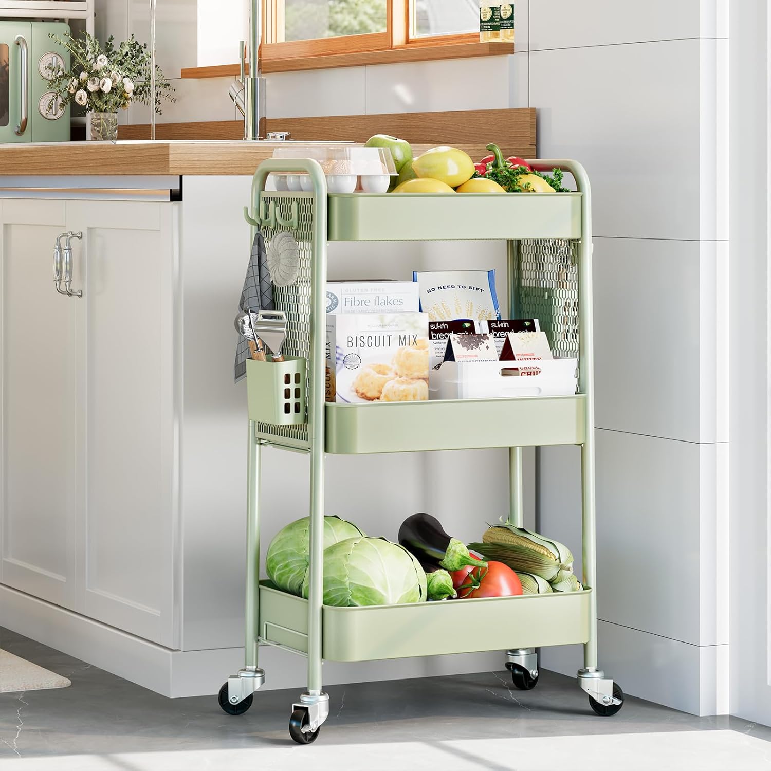 Chariot de rangement - 3 niveaux, boîtes et crochets, roulettes, vert