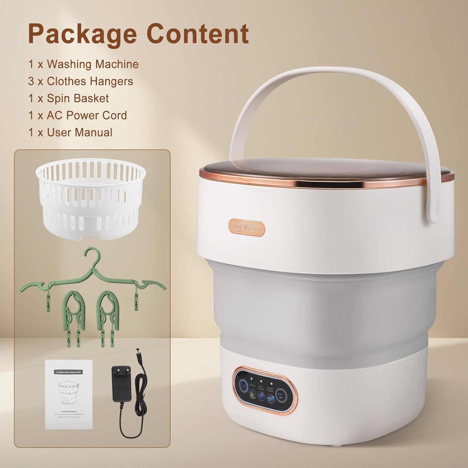 Mini-lave-linge portable 15L, pliable, essorage 2-en-1, compact