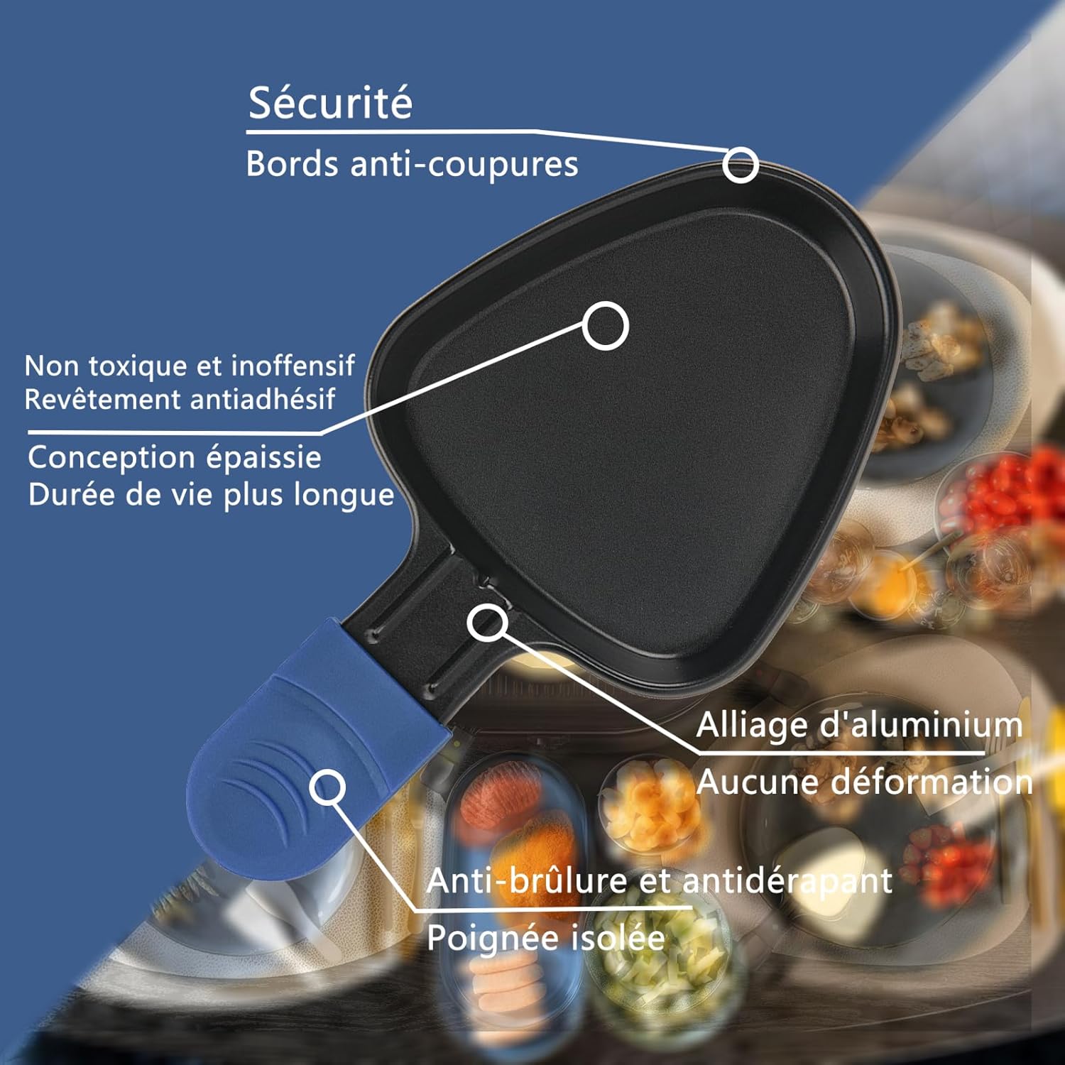 Poêlon à raclette - 18x10cm - antiadhésif, 8 pelles bois, multicolore