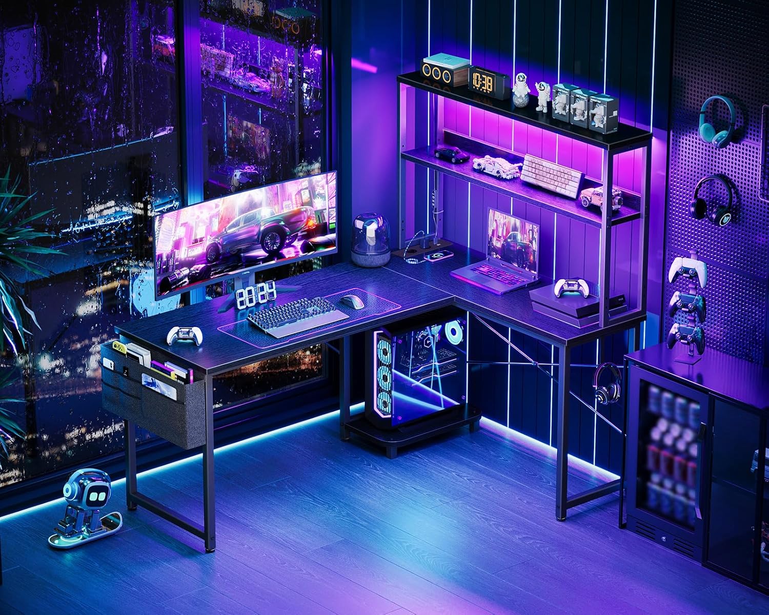 Coleshome - Bureau gaming LED réversible 135x100cm, étagères, rangement