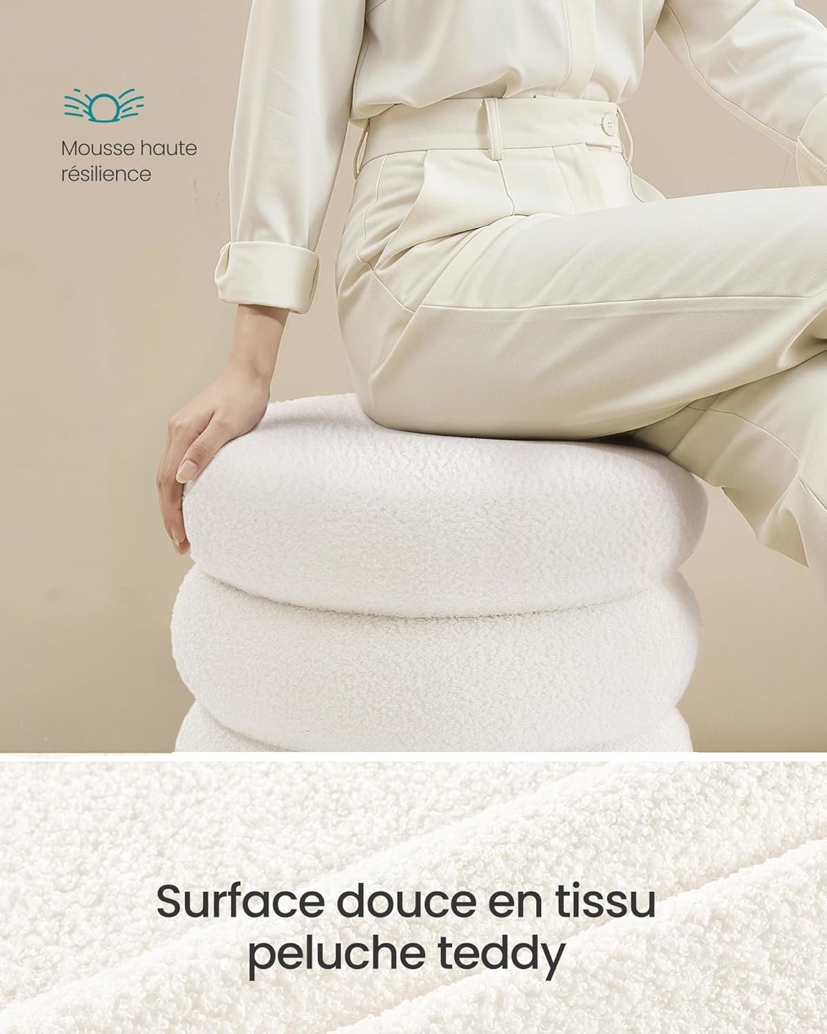 SONGMICS - pouf rond Teddy, 43x47 cm, rangement, blanc, LOM015WD01