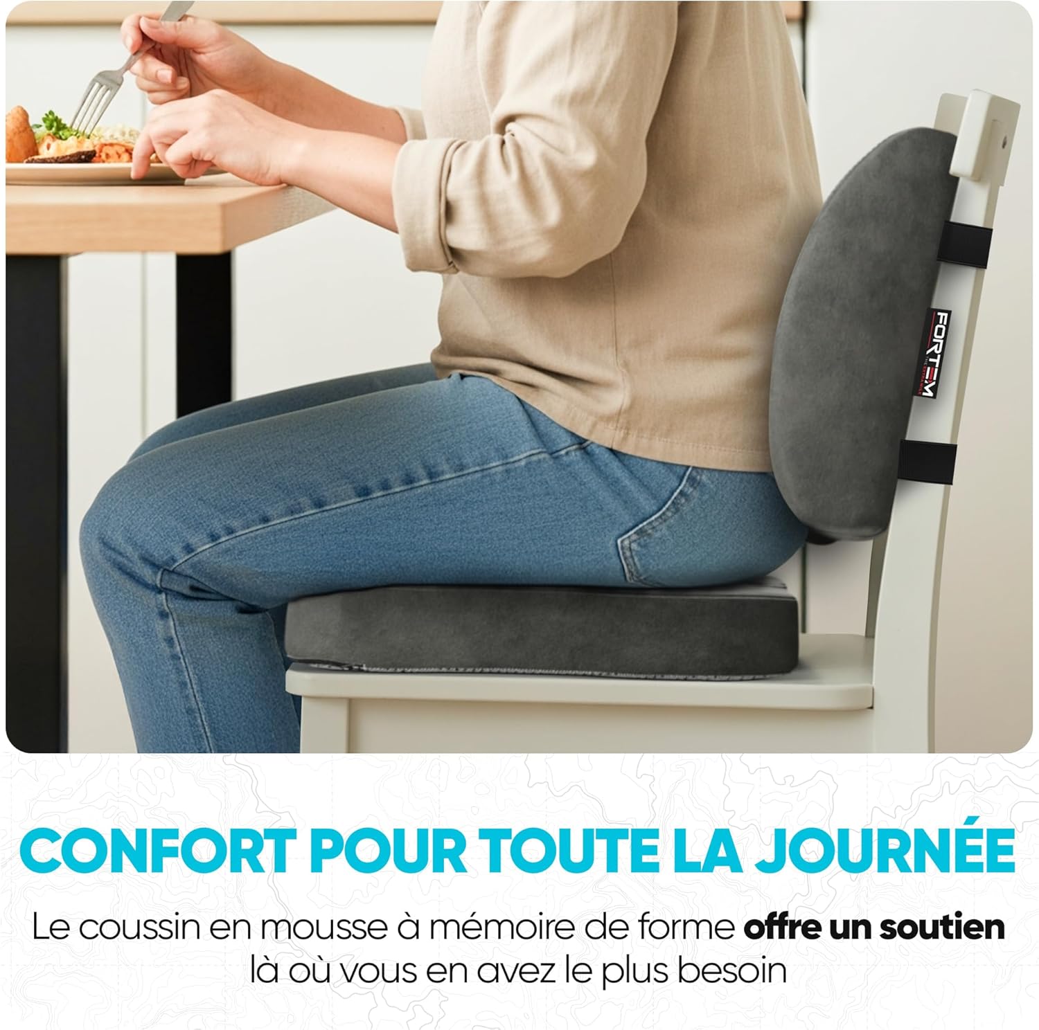 FORTEM - coussin lombaire/assise mémoire de forme - antidérapant - soutien prolongé dos, confort chaise et auto