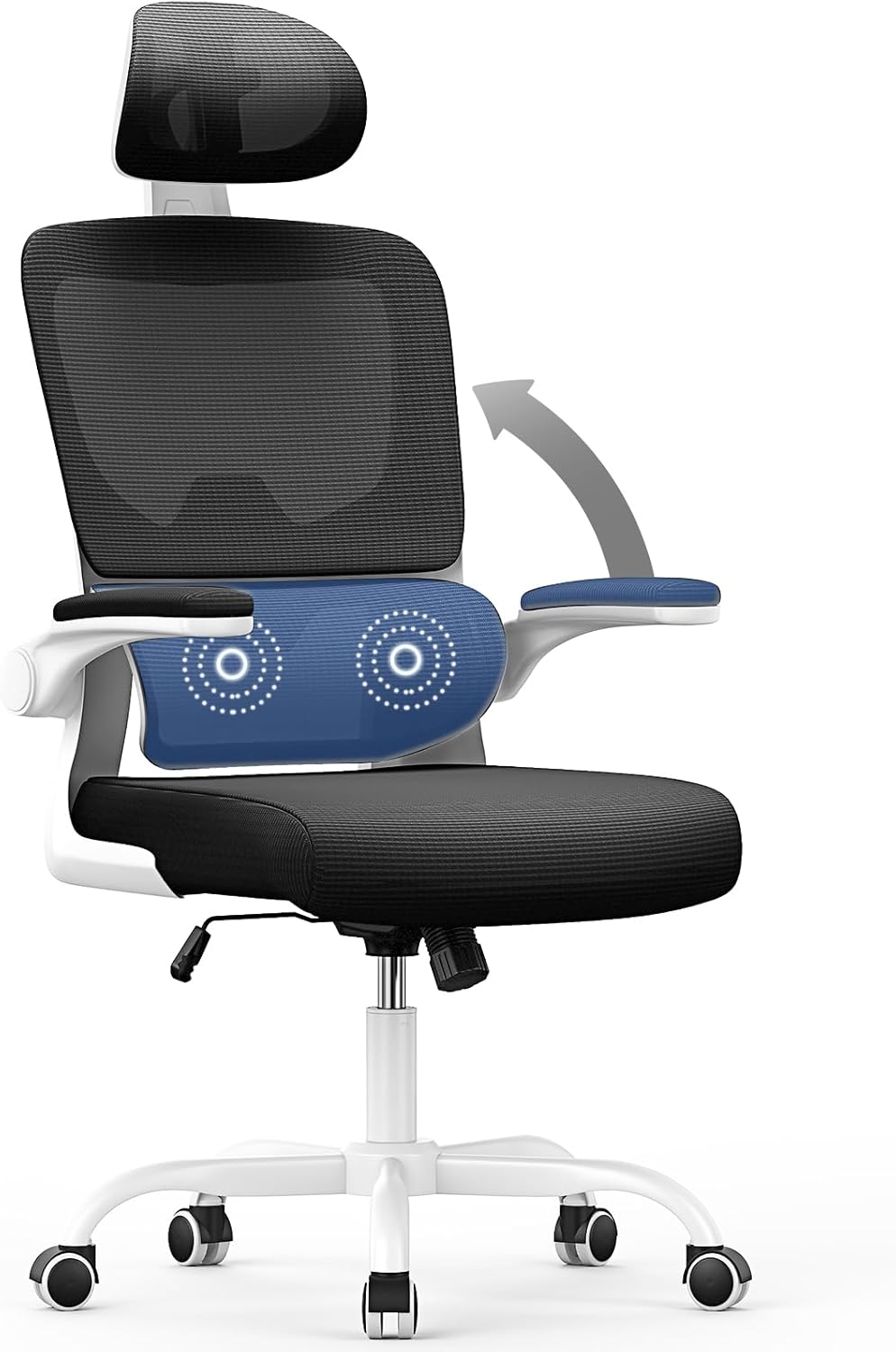 Chaise de bureau ergonomique - support lombaire C - réglable, maille, noir/blanc, appui-tête, accoudoirs réversibles