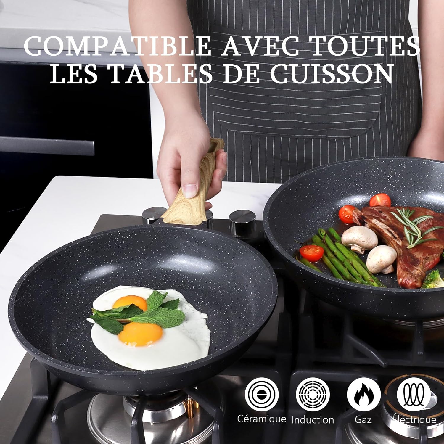 GiPP 3PCS Set de Poêles Antiadhésive en Granit – Poêle à Frire Saine et Non Toxique, Compatible Induction, Sans PFAS ni PFOA, Passe au Lave-Vaisselle, Manche Reste Froid(Gris,24+26+28cm)