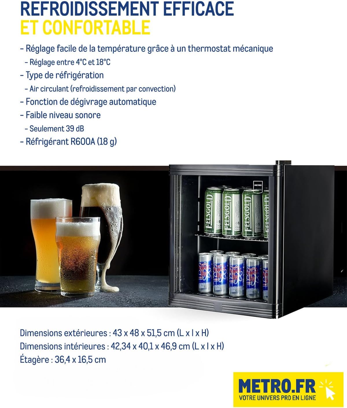 METRO Professional - minibar vitré, 46L, froid ventilé, 43x48x51.5cm - GPC1046
