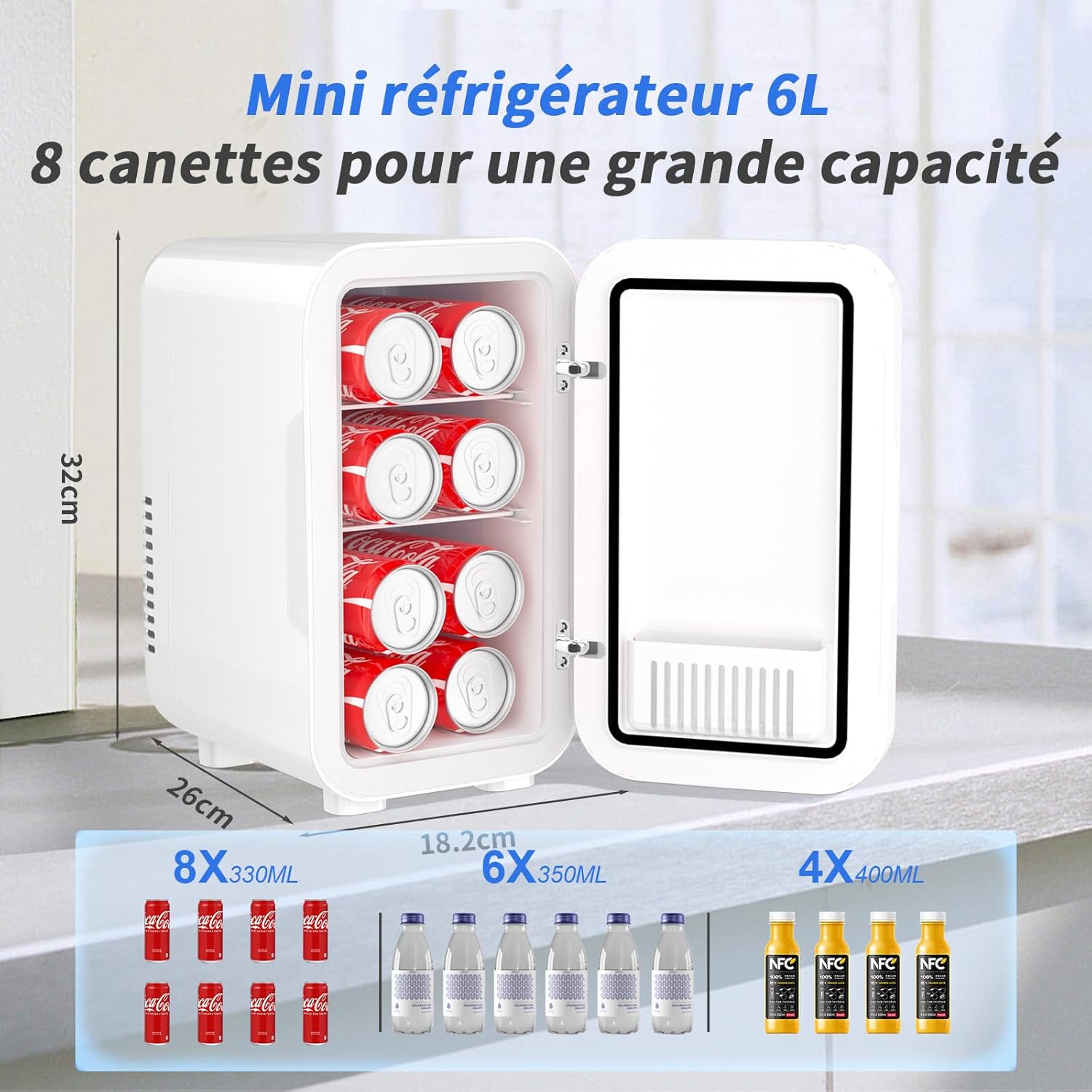 YASHE - Mini réfrigérateur 6L - 8 canettes, portable, AC/DC