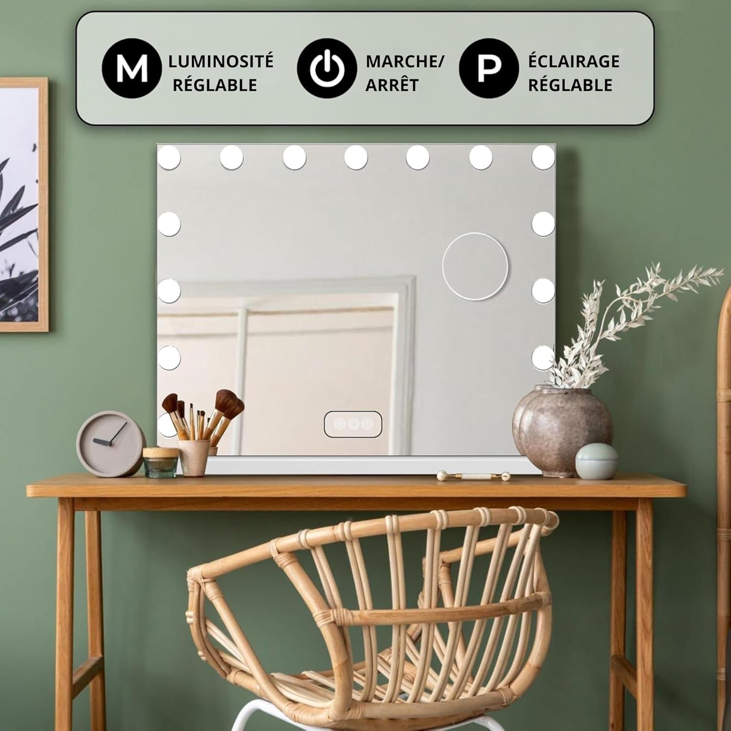 Bayt - miroir de maquillage Hollywood - 58x46cm - LED dimmable, grossissement 10x, blanc