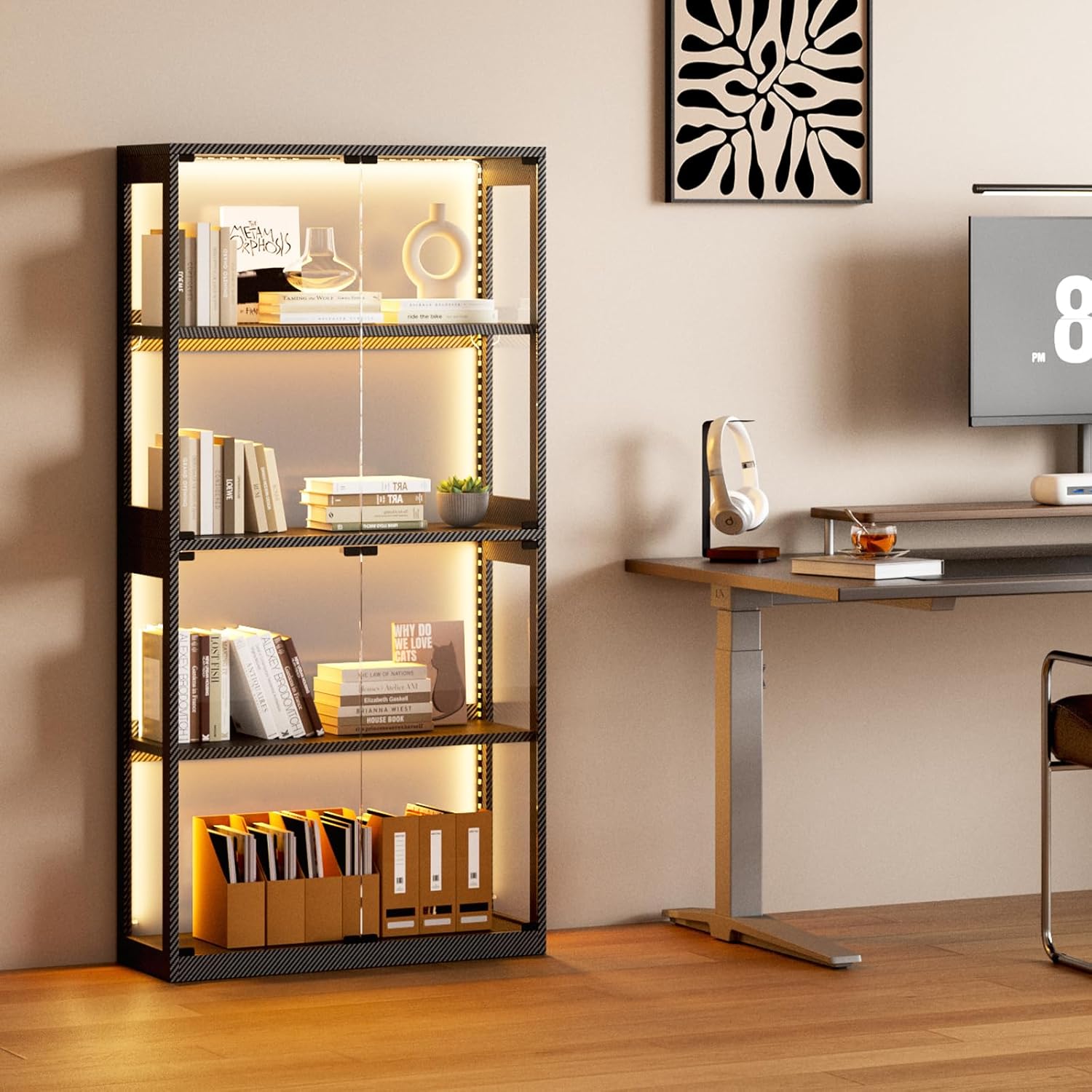 Coleshome - vitrine 4 étagères LED - portes verre, kit anti-chute, noir