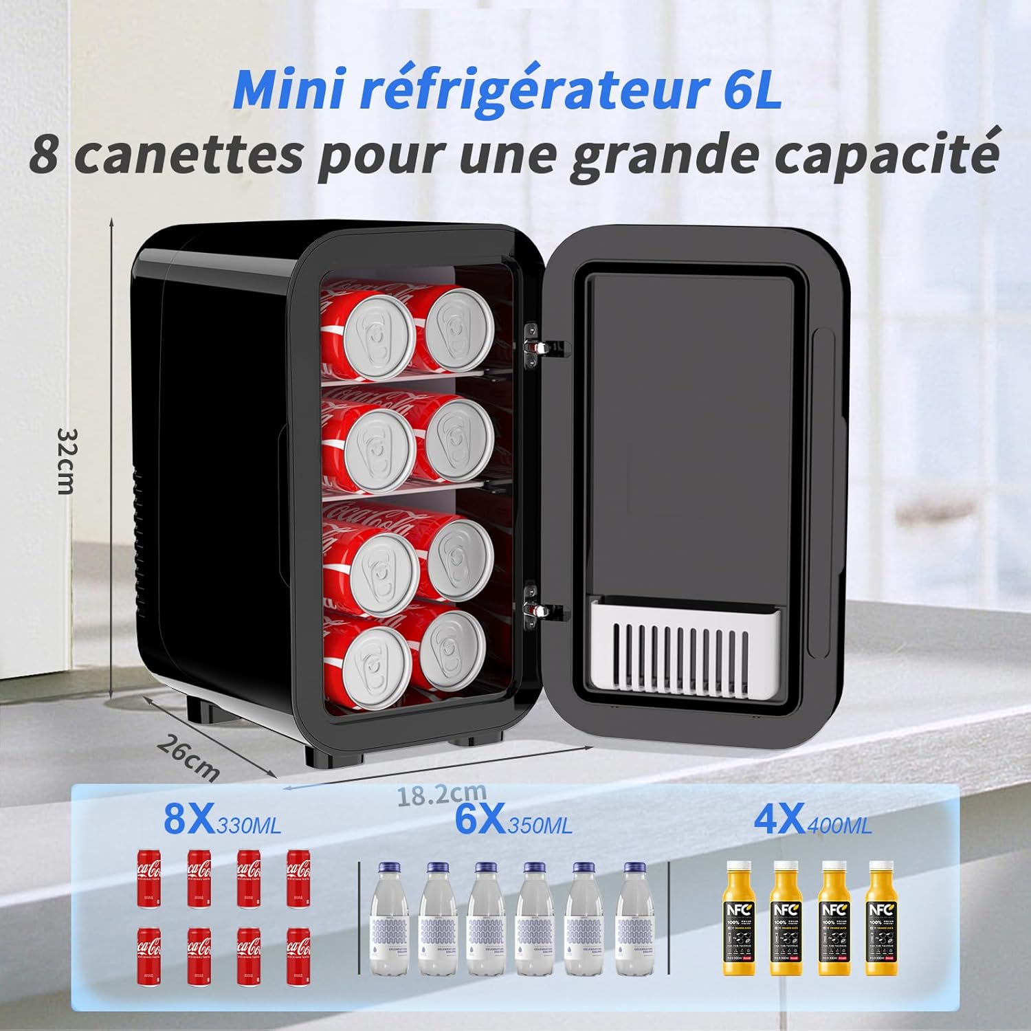 YASHE - Mini réfrigérateur 6L, 8 canettes, portable, AC/DC, noir