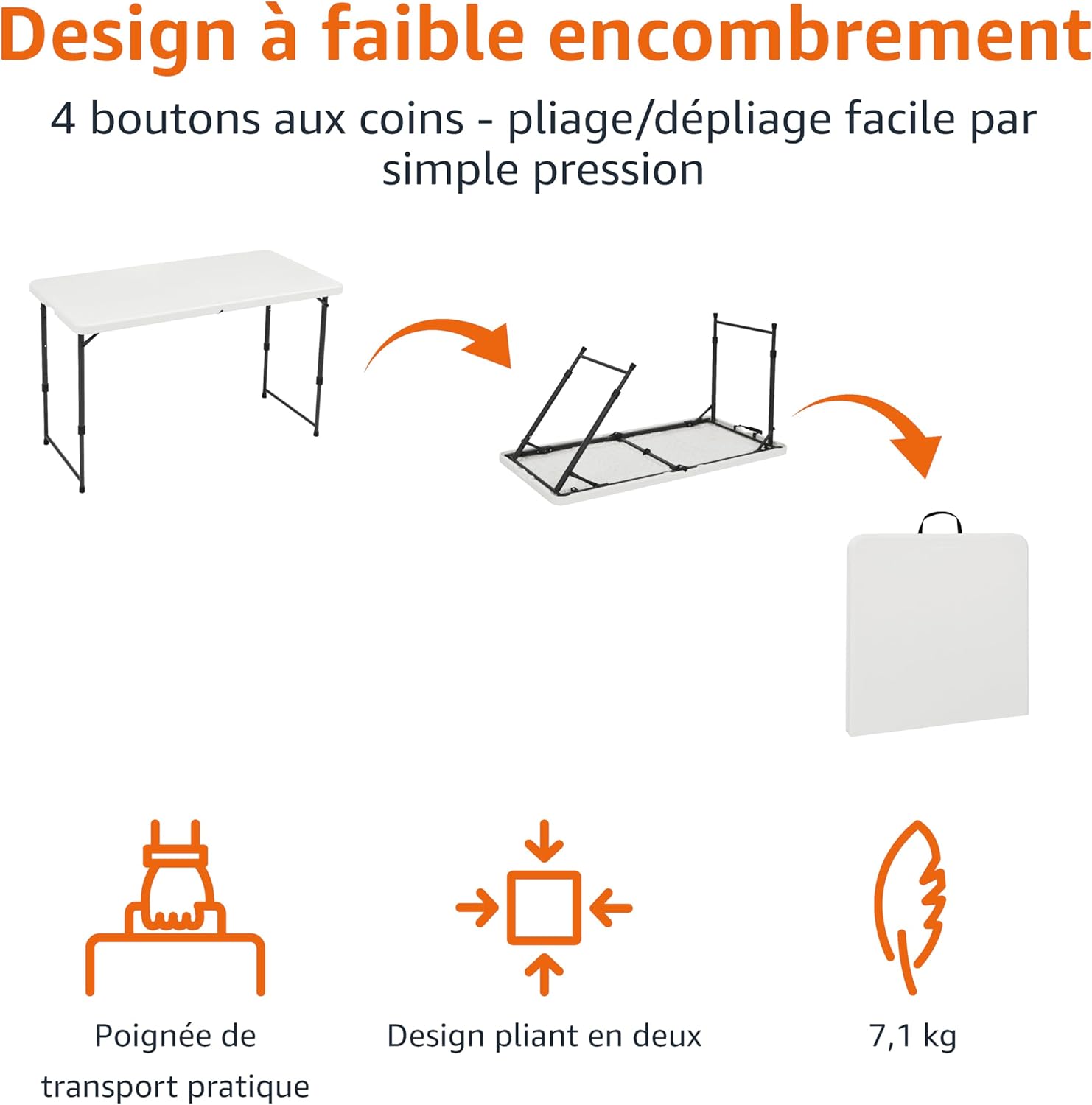 Amazon Basics - Table pliante rectangulaire - 121x61x86 cm - 4 hauteurs réglables, poignée, légère