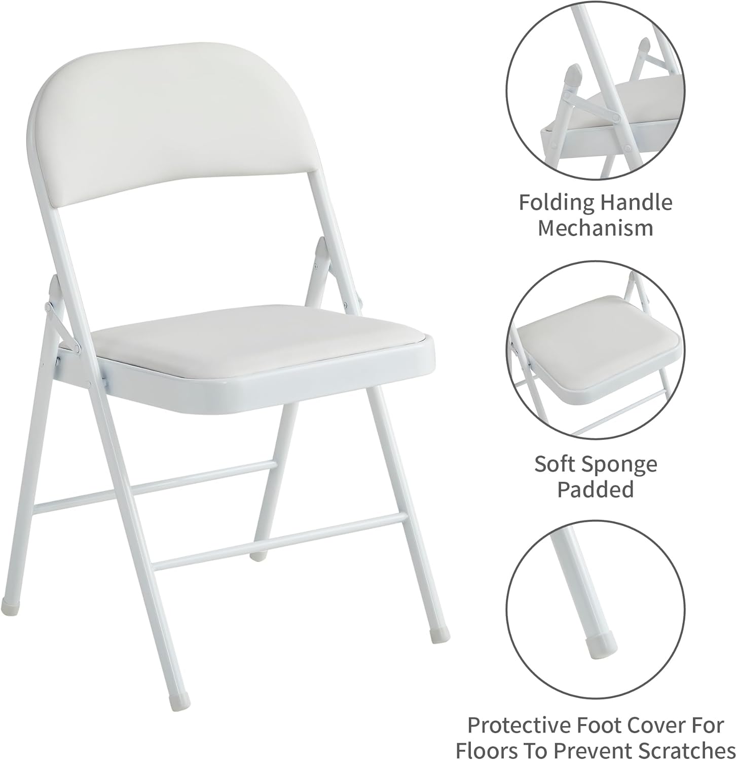 McC - chaises pliantes lot de 4 - cadre métal, similicuir, blancs, pliables, sièges rembourrés