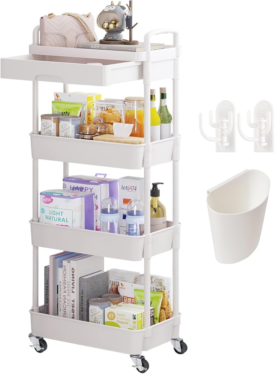 Chariot de rangement - 3/4 niveaux - à roulettes, plastique, tiroirs