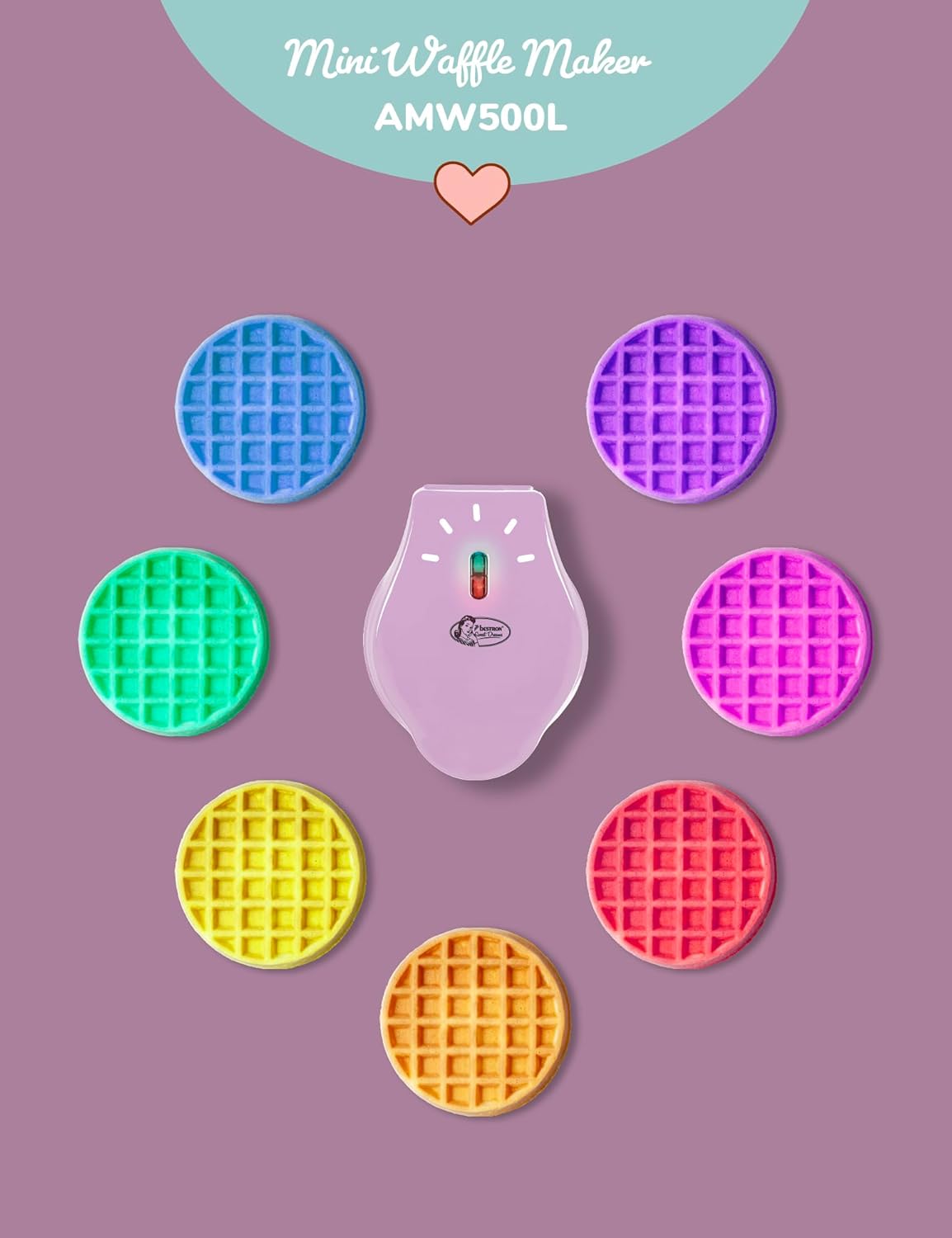 Bestron - mini gaufrier rétro rose mat - compact - revêtement antiadhésif