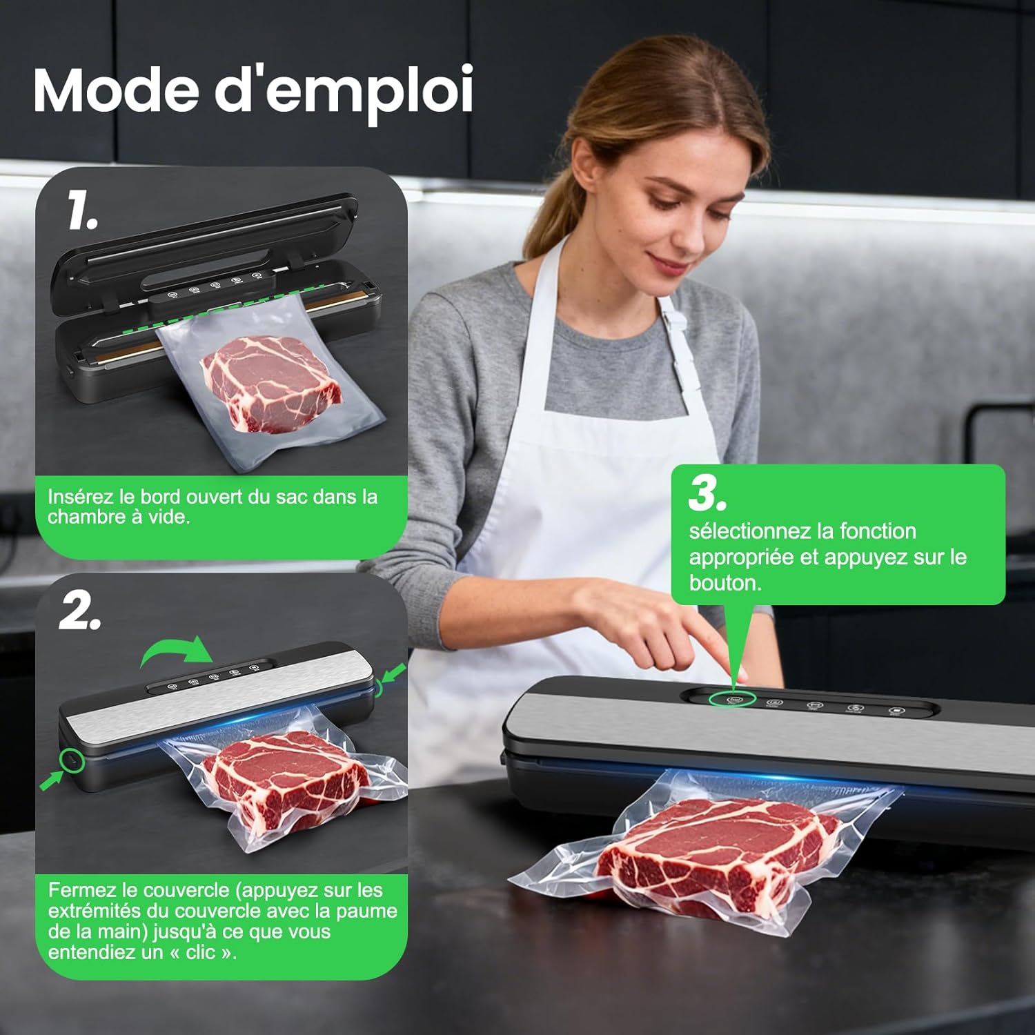Machine sous vide alimentaire - 7-en-1, 130W, 90kPa, coupe et tuyau