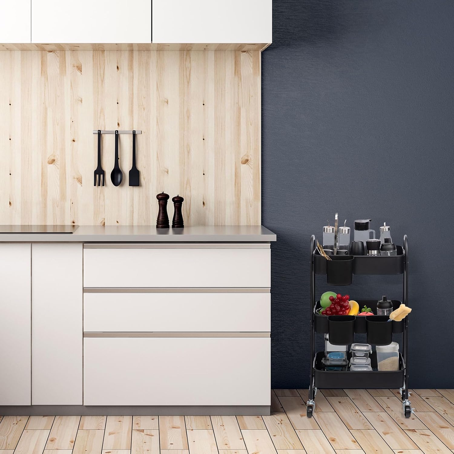 DOEWORKS - Chariot de rangement 3 niveaux, métal, roulettes, noir, avec tasses