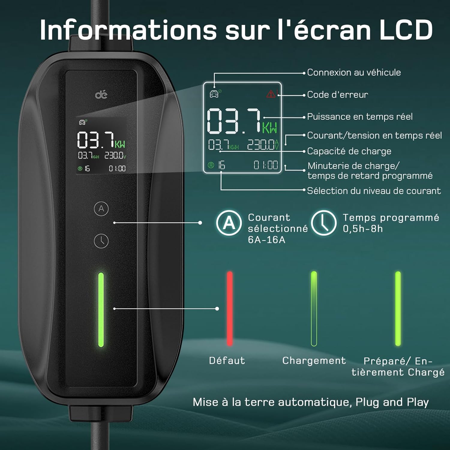 Chargeur Voiture Électrique - 15m - 3,68kW, 6/8/10/13/16A, LCD, Type 2