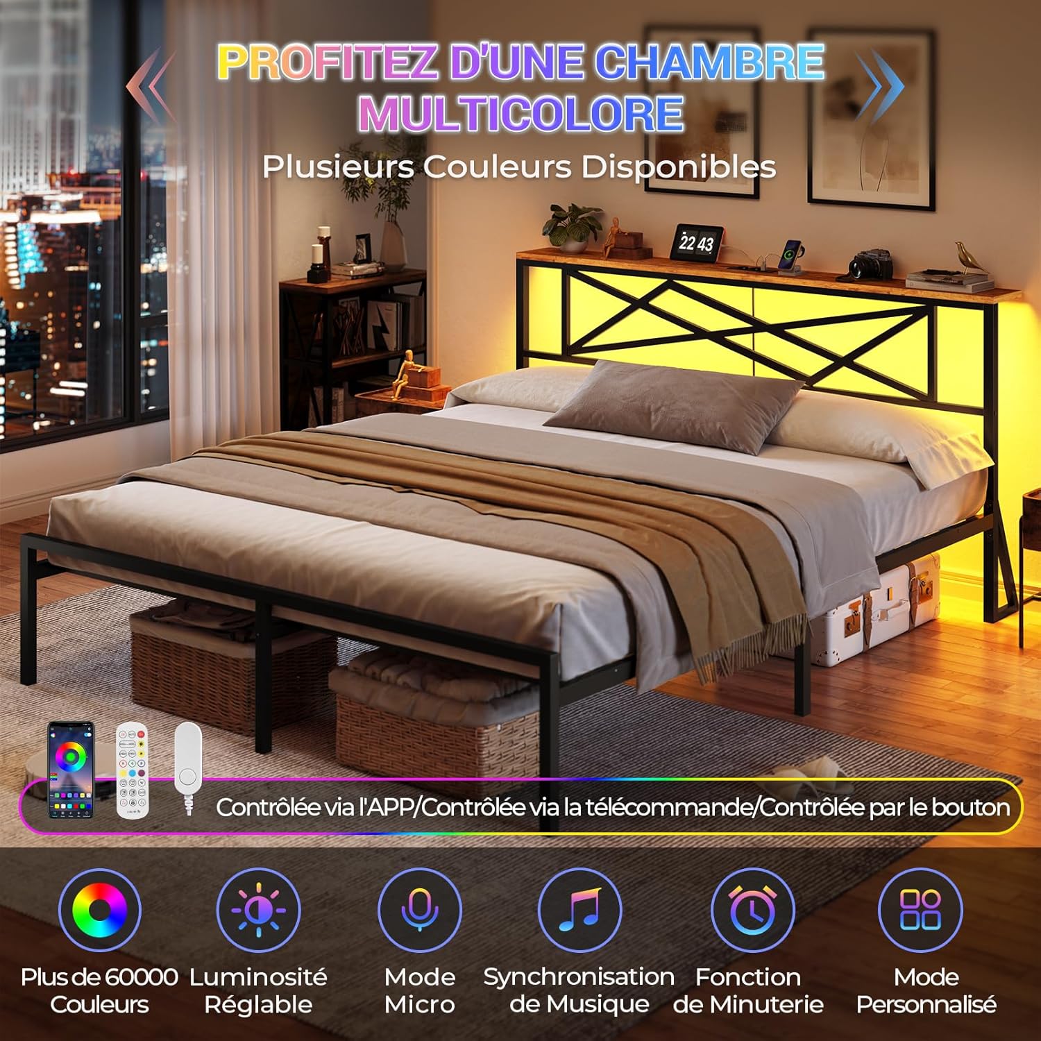 DICTAC – Lit double LED 160x200, métal, ports USB, rangement, LitLED160x200