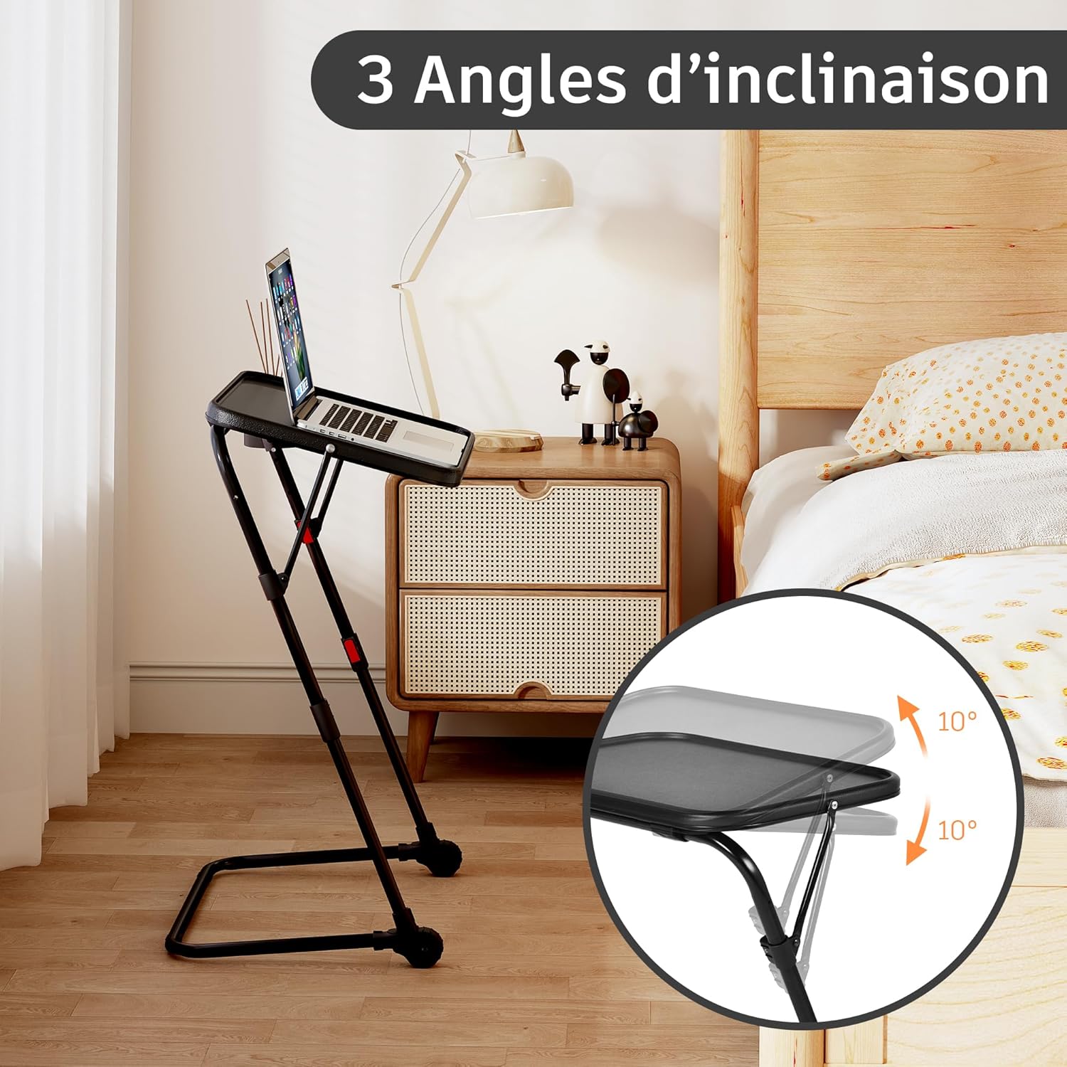 Bureau pliant - hauteur réglable, plateau inclinable, compact, noir