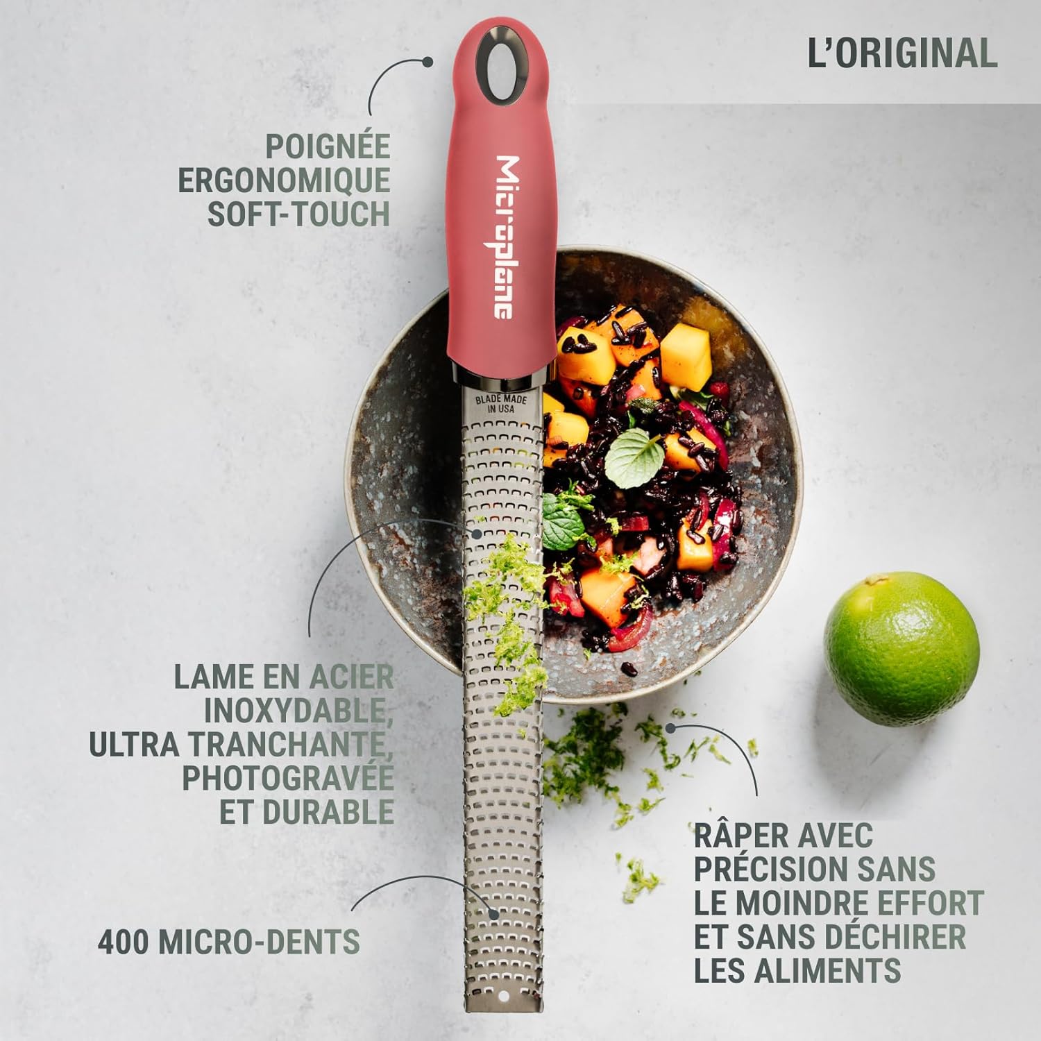 Microplane - Râpe Zesteur Rose - lame fine - Agrumes, parmesan, USA