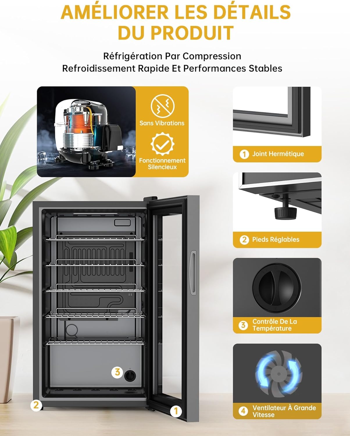 WIE - Mini réfrigérateur 70L - double vitre, silencieux, 105 canettes