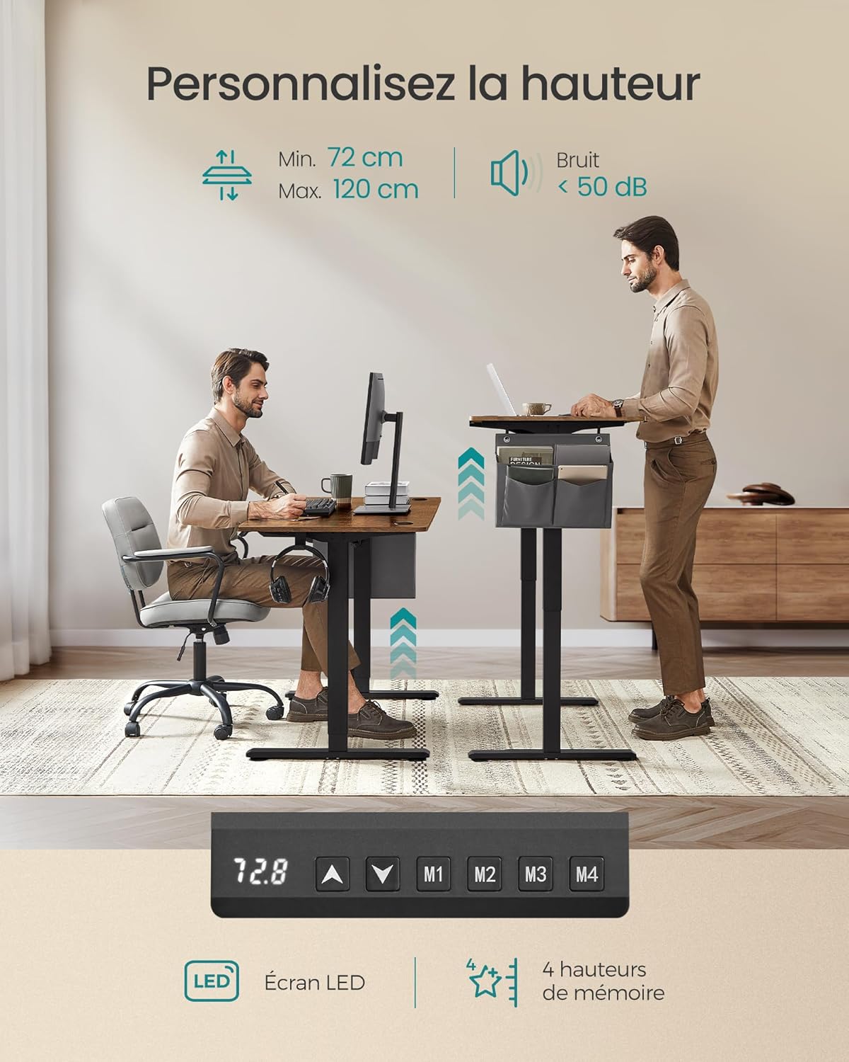 SONGMICS - Bureau réglable série LSD - 160x70 cm, mémoire 4 hauteurs, marron/noir - LSD136K01